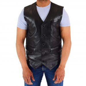 BUNERI Gilet de Cuero Real para Hombre Negro