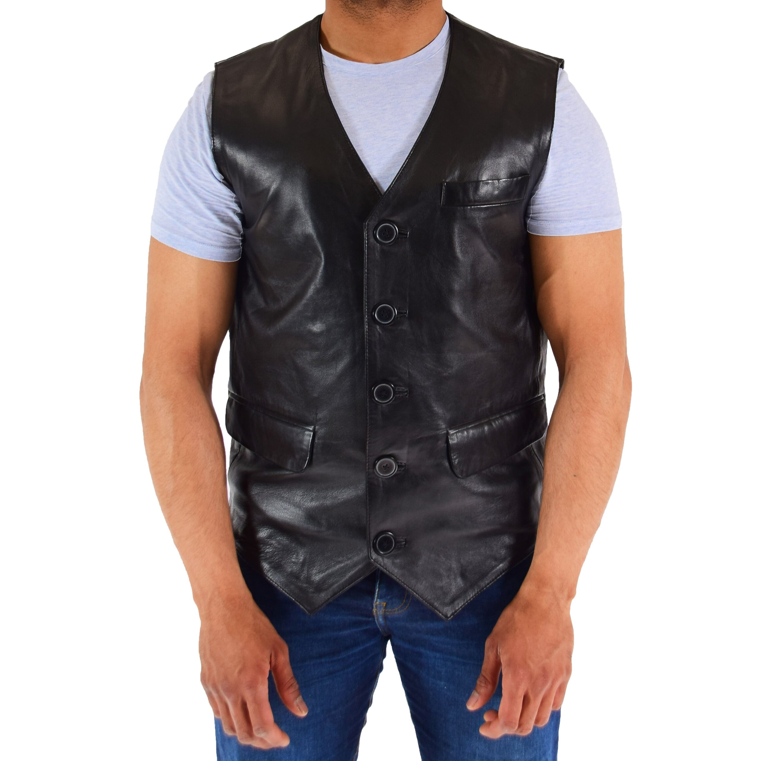 BUNERI Gilet de Cuero Real para Hombre Negro