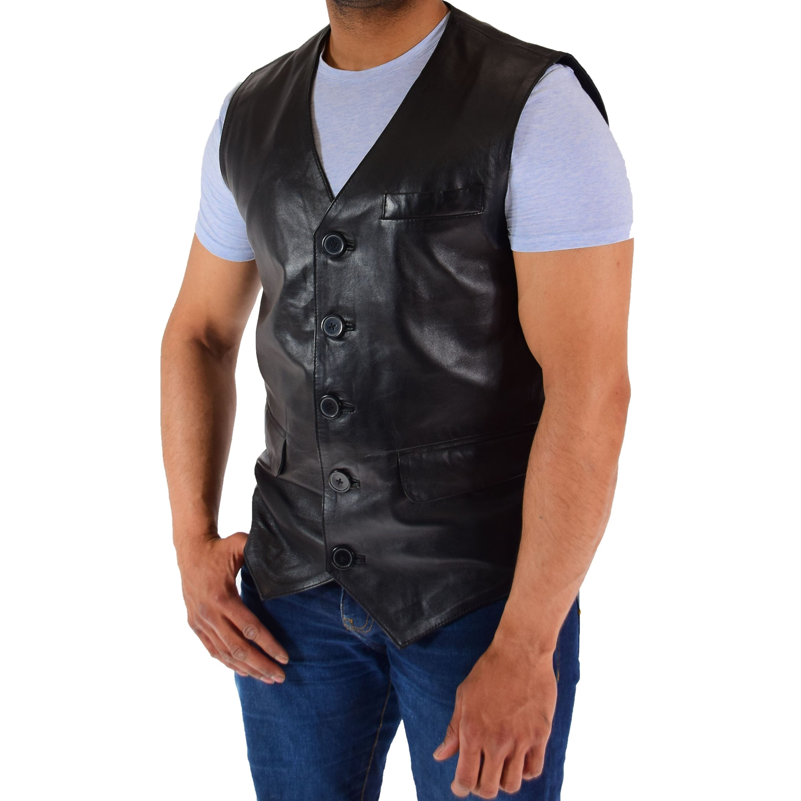 BUNERI Gilet de Cuero Real para Hombre Negro - Imagen 4