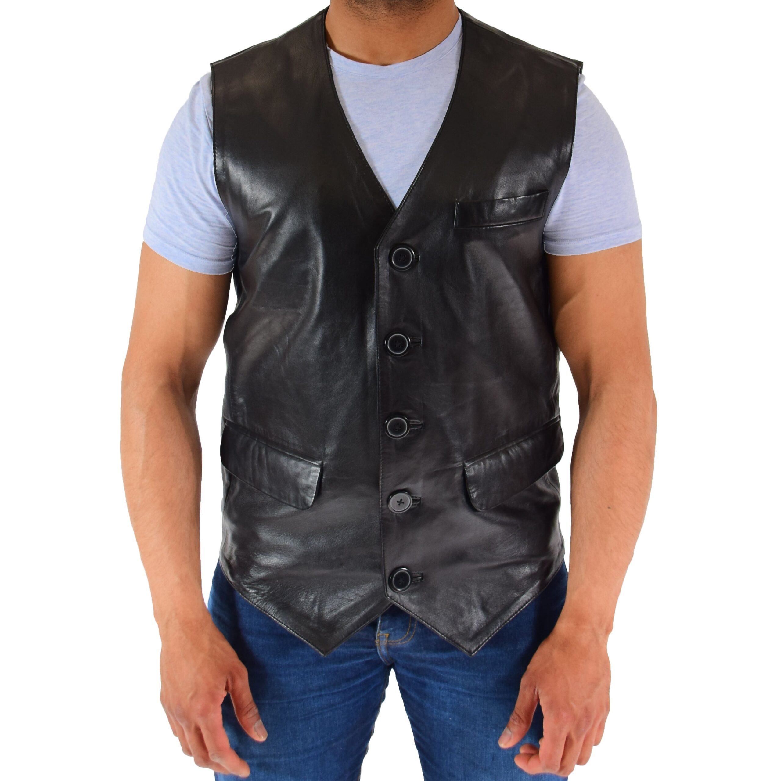 BUNERI Gilet de Cuero Real para Hombre Negro - Imagen 5