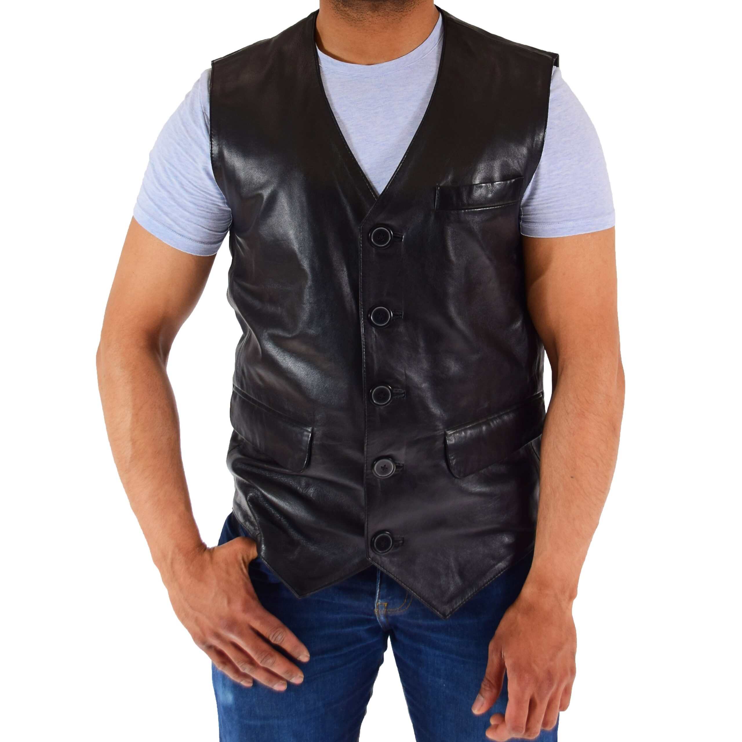 BUNERI Gilet de Cuero Real para Hombre Negro - Imagen 6