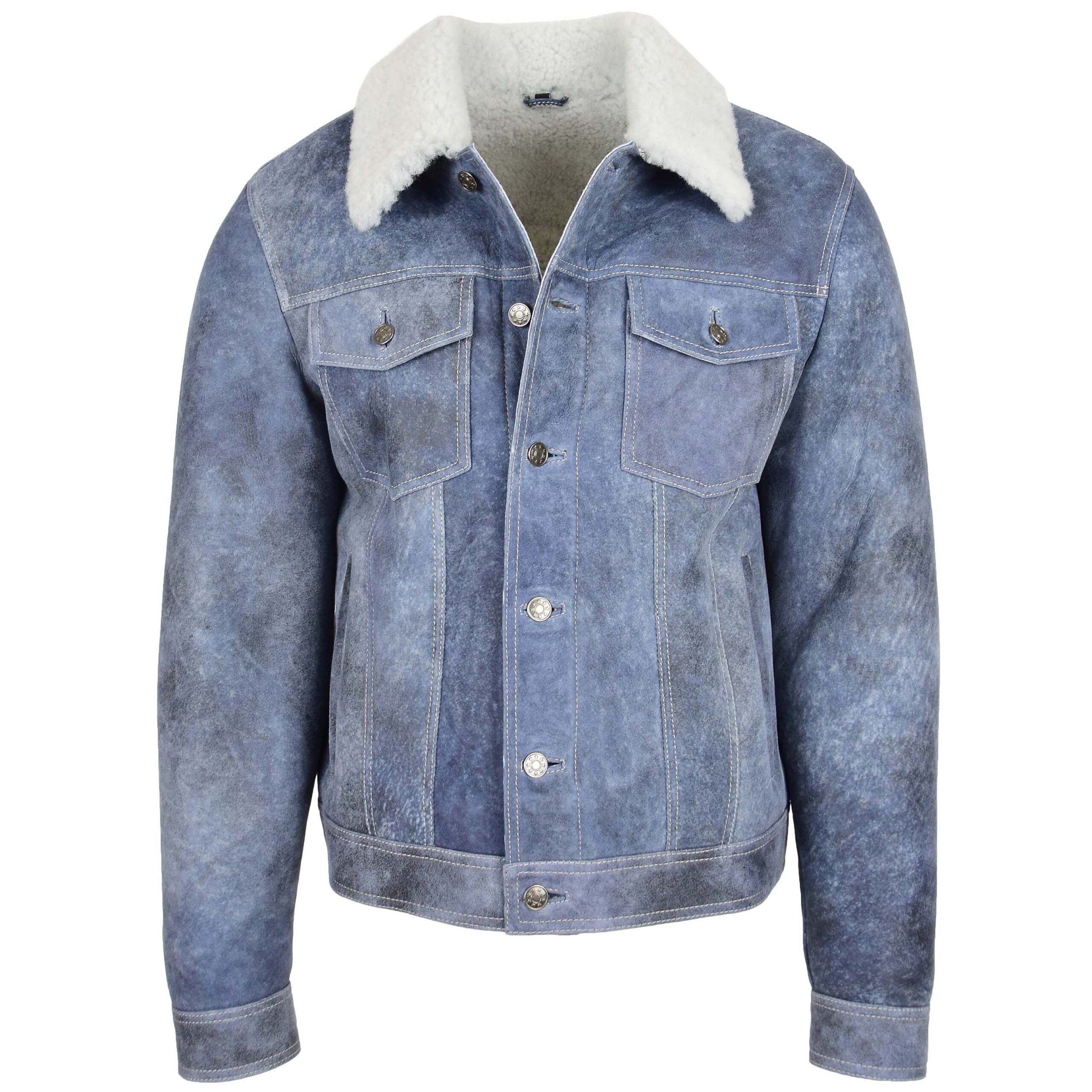 BUNERI Chaqueta Trucker Hombre Piel Oveja Real Azul Denim