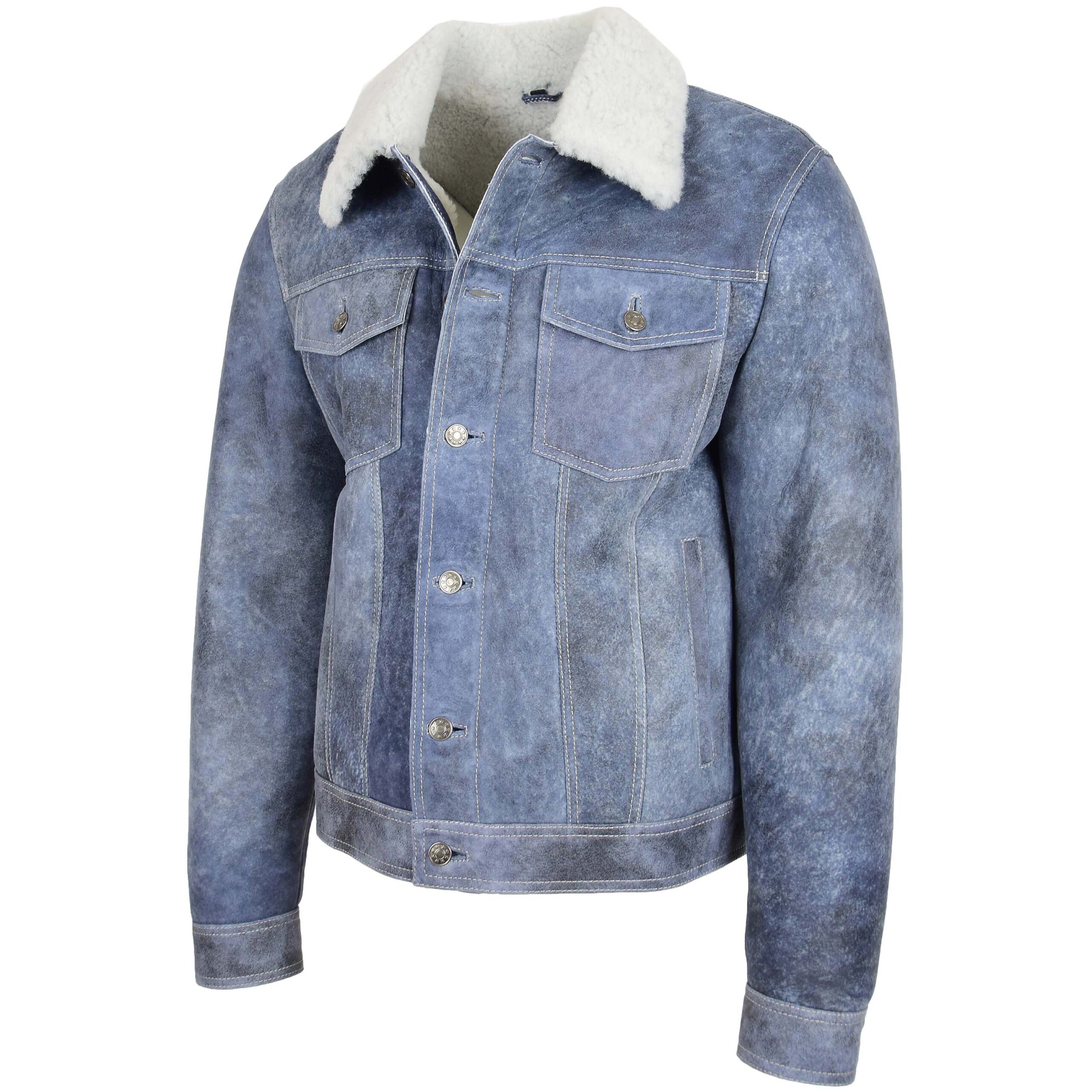 BUNERI Chaqueta Trucker Hombre Piel Oveja Real Azul Denim - Imagen 4