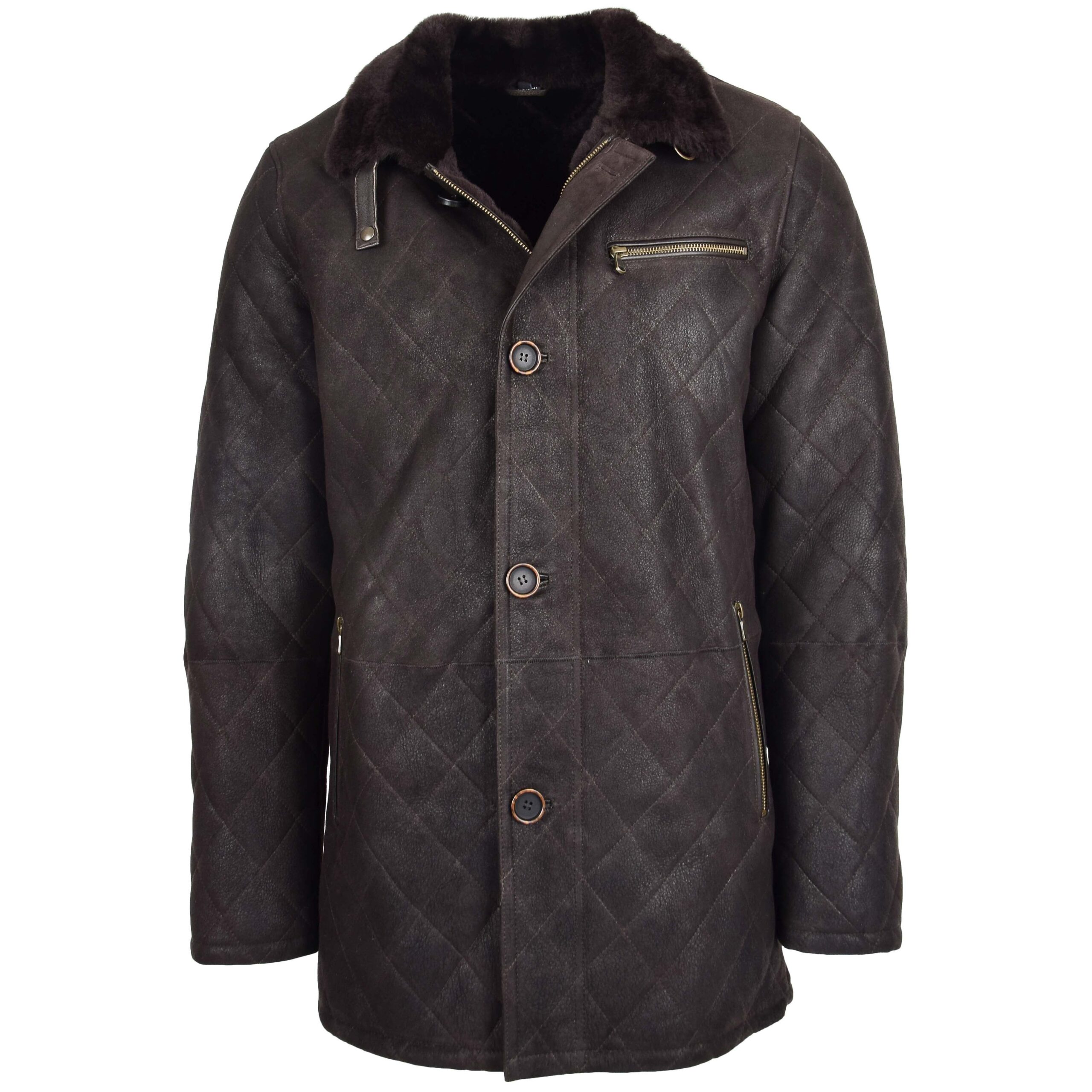 BUNERI Marrón Oscuro Chaqueta Piel Oveja Punto de Cruz Anorak