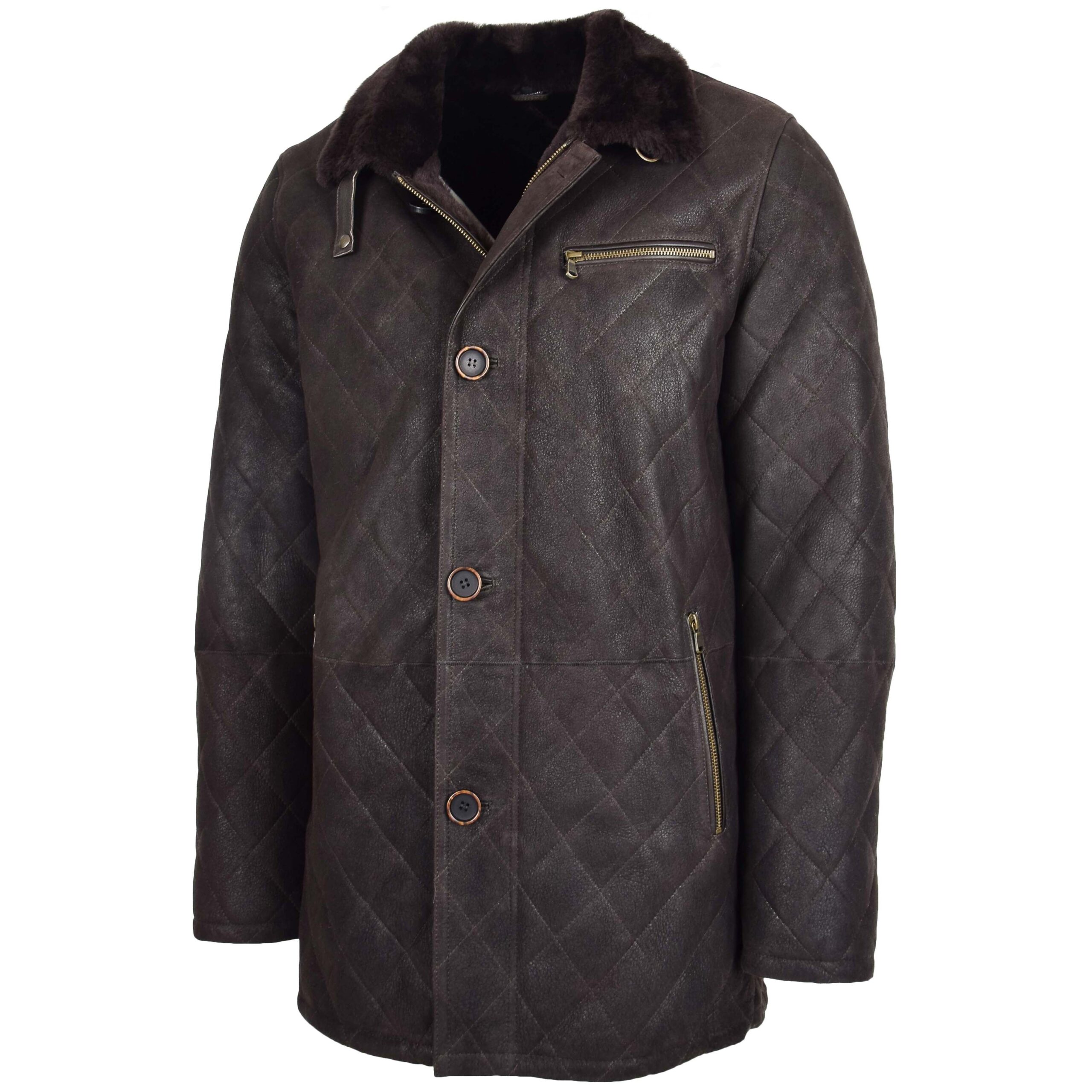 BUNERI Marrón Oscuro Chaqueta Piel Oveja Punto de Cruz Anorak - Imagen 4