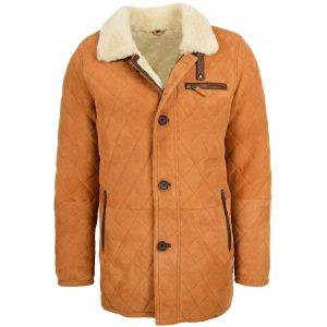 BUNERI Chaqueta Hombre Piel de Cordero Punto de Cruz Anorak Tostado Blanco