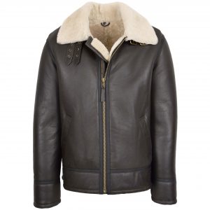 BUNERI Chaqueta Hombre Piel de Cordero Estilo Top Gun Marron Blanco