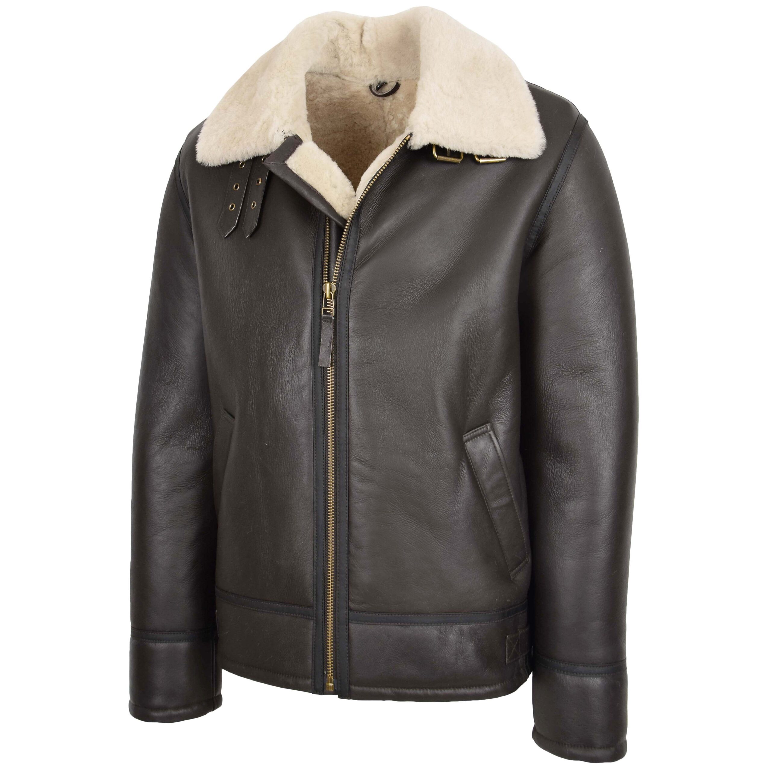 BUNERI Chaqueta Hombre Piel de Cordero Estilo Top Gun Marron Blanco - Imagen 4