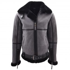 BUNERI Chaqueta de Vuelo RAF Original Hombre Piel de Cordero Gris Negro Shearling