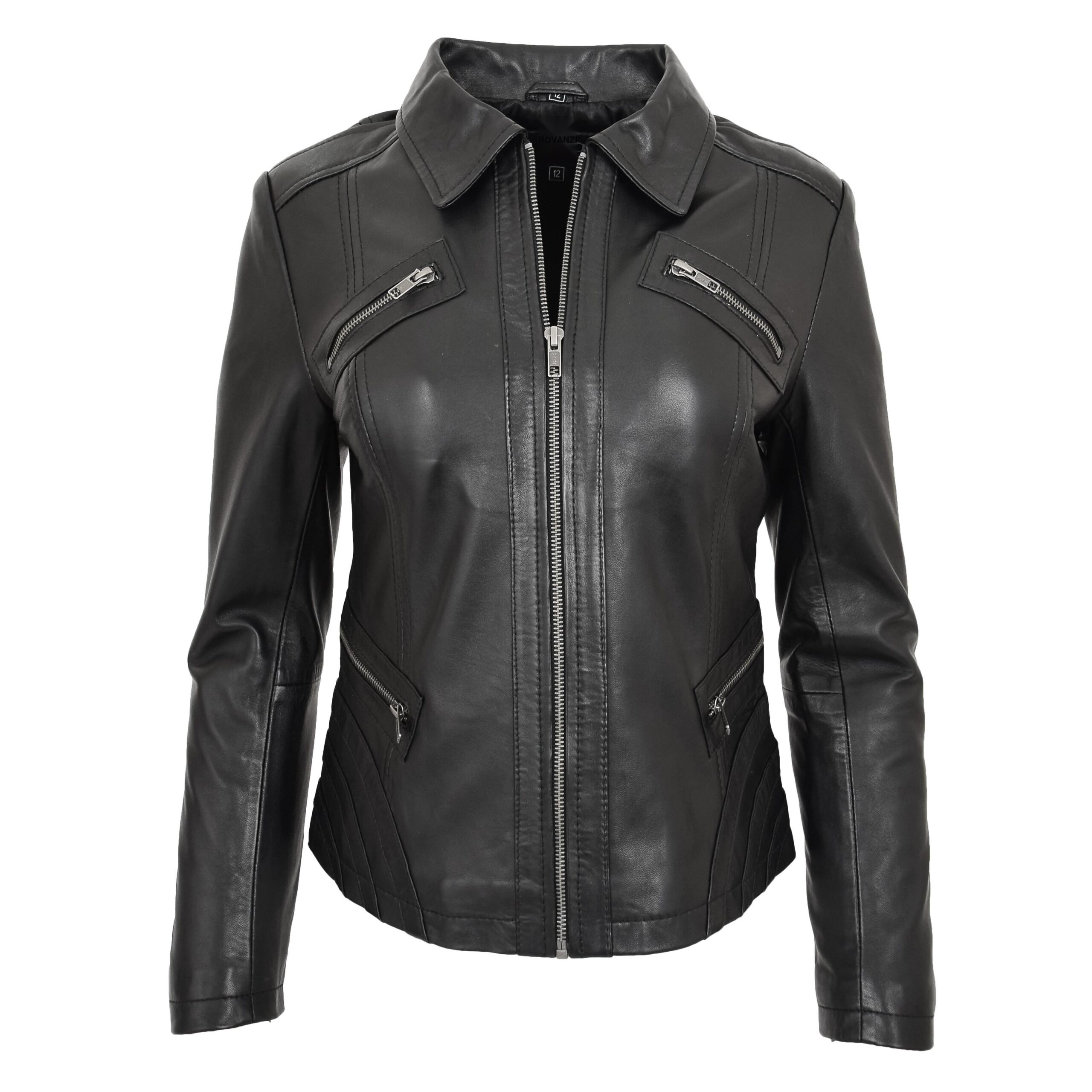 BUNERI Chaqueta Mujer Cuero Biker Zip Box Clasico Negro