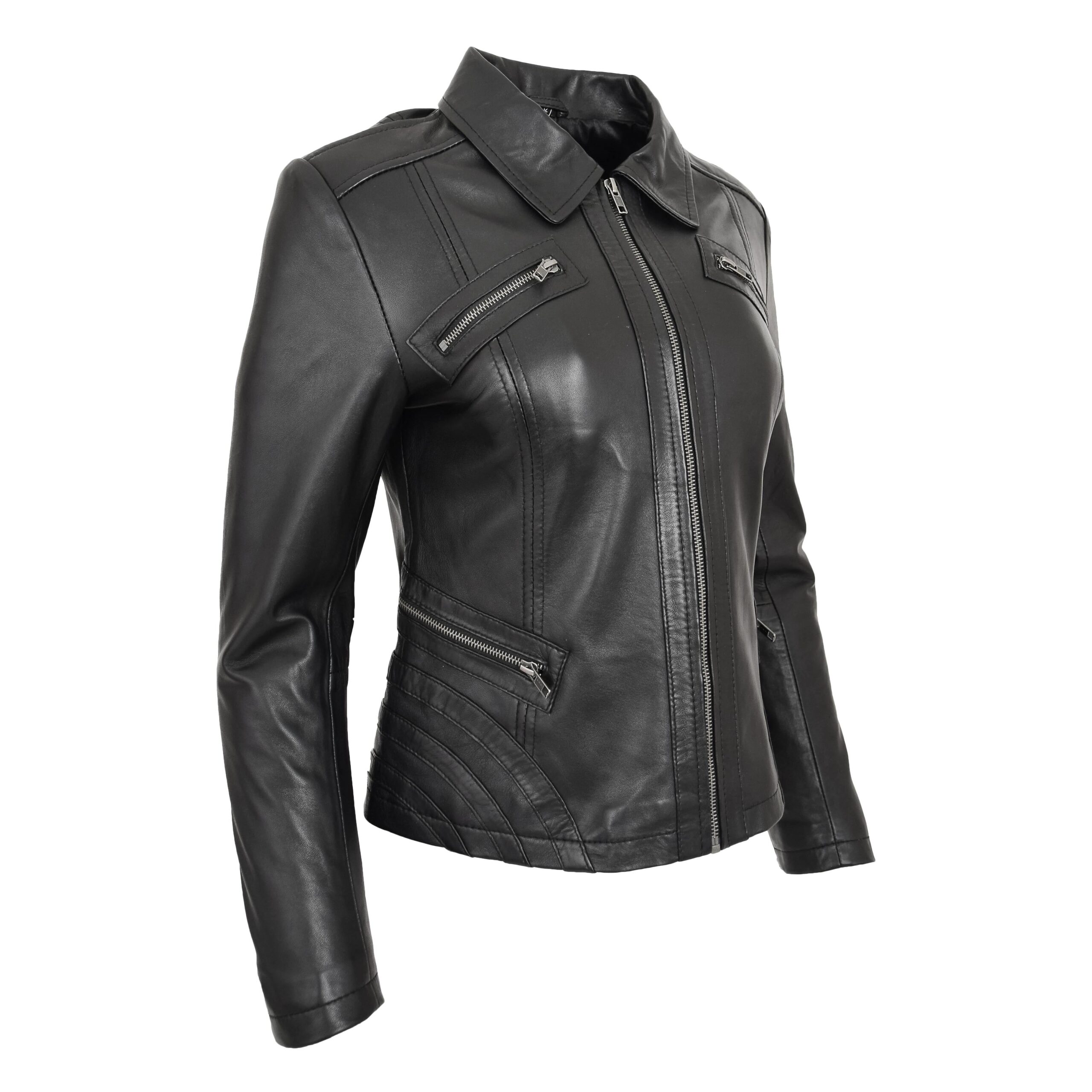 BUNERI Chaqueta Mujer Cuero Biker Zip Box Clasico Negro - Imagen 5