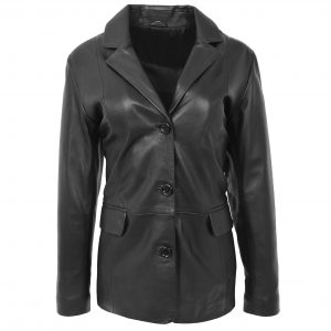 BUNERI Blazer de Cuero Clásico con 3 Botones para Mujer Negro