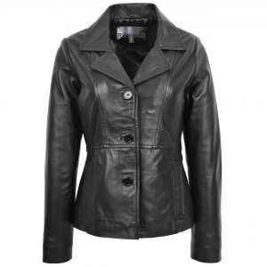 BUNERI Chaqueta Mujer Cuero Blazer Clasico Tres Botones Negro