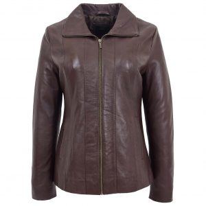 BUNERI Chaqueta de Cuero Clásica con Cremallera para Mujer Marrón