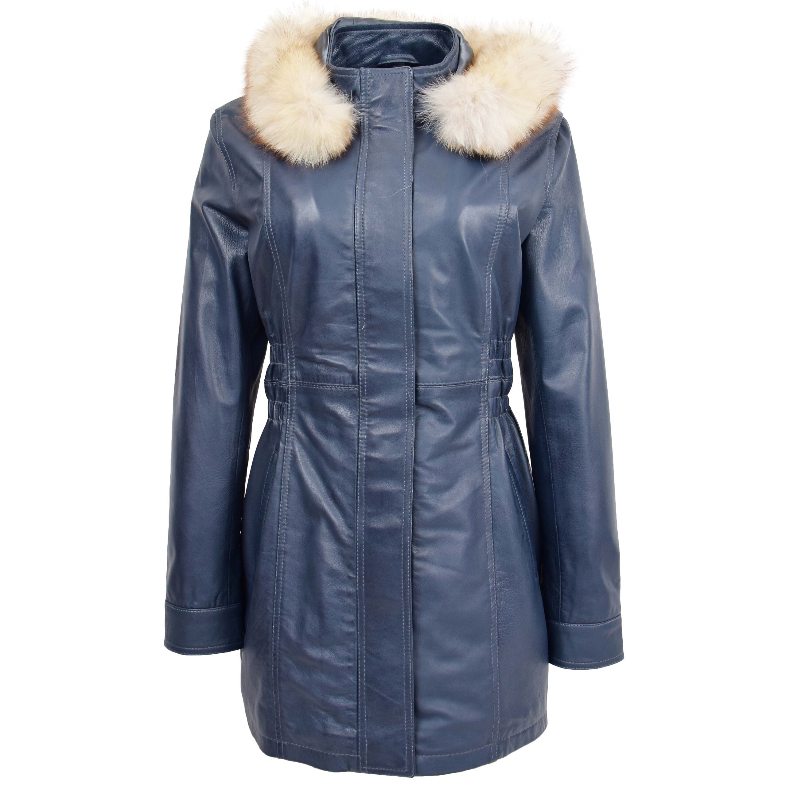 BUNERI Abrigo de Cuero Azul para Mujer con Capucha Extraíble