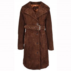 BUNERI Trench de Ante de Cabra para Mujer 3/4 Longitud Marrón Óxido con Cinturón