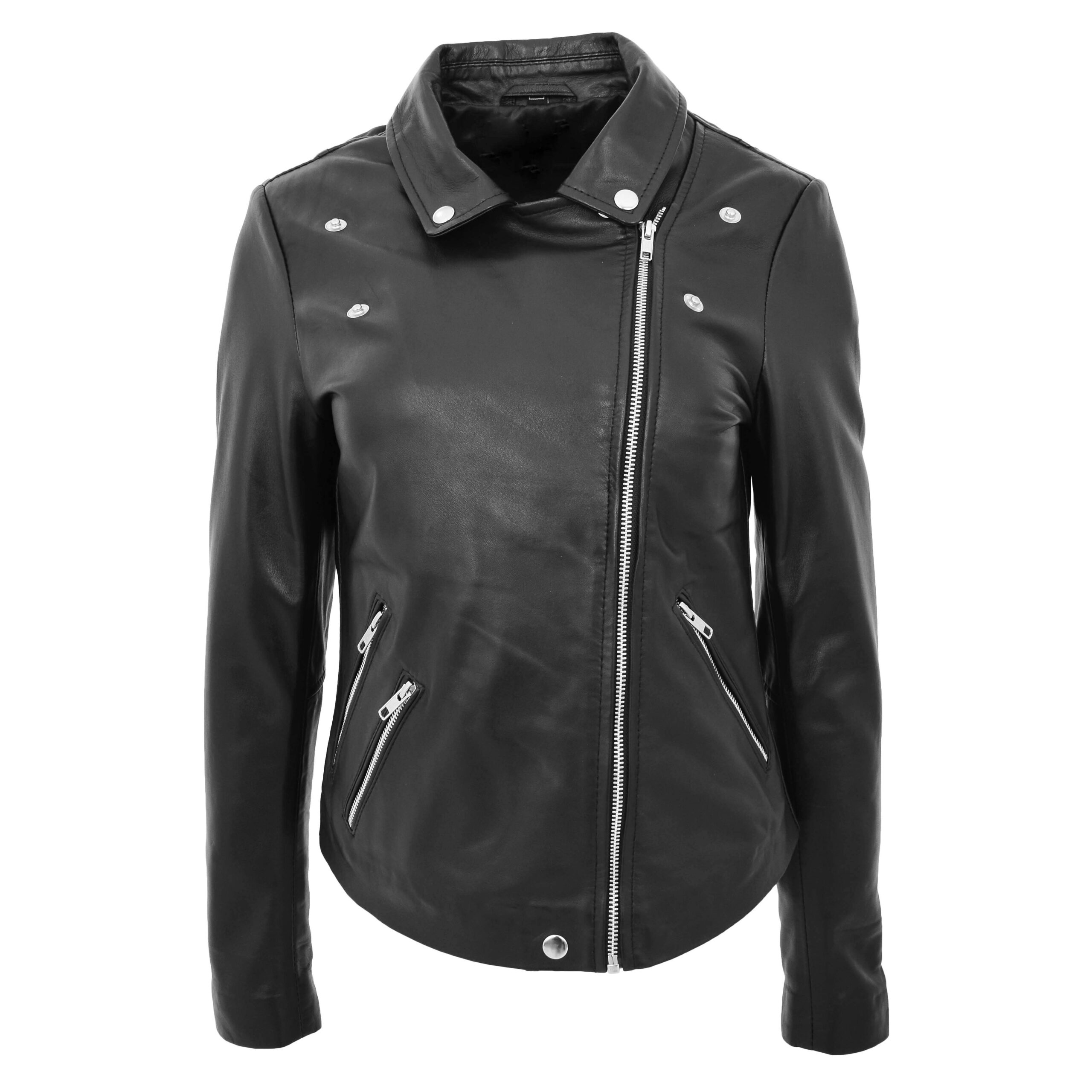 BUNERI Chaqueta Mujer Cuero Estilo Biker Cremallera Cruzada Negra - Imagen 3