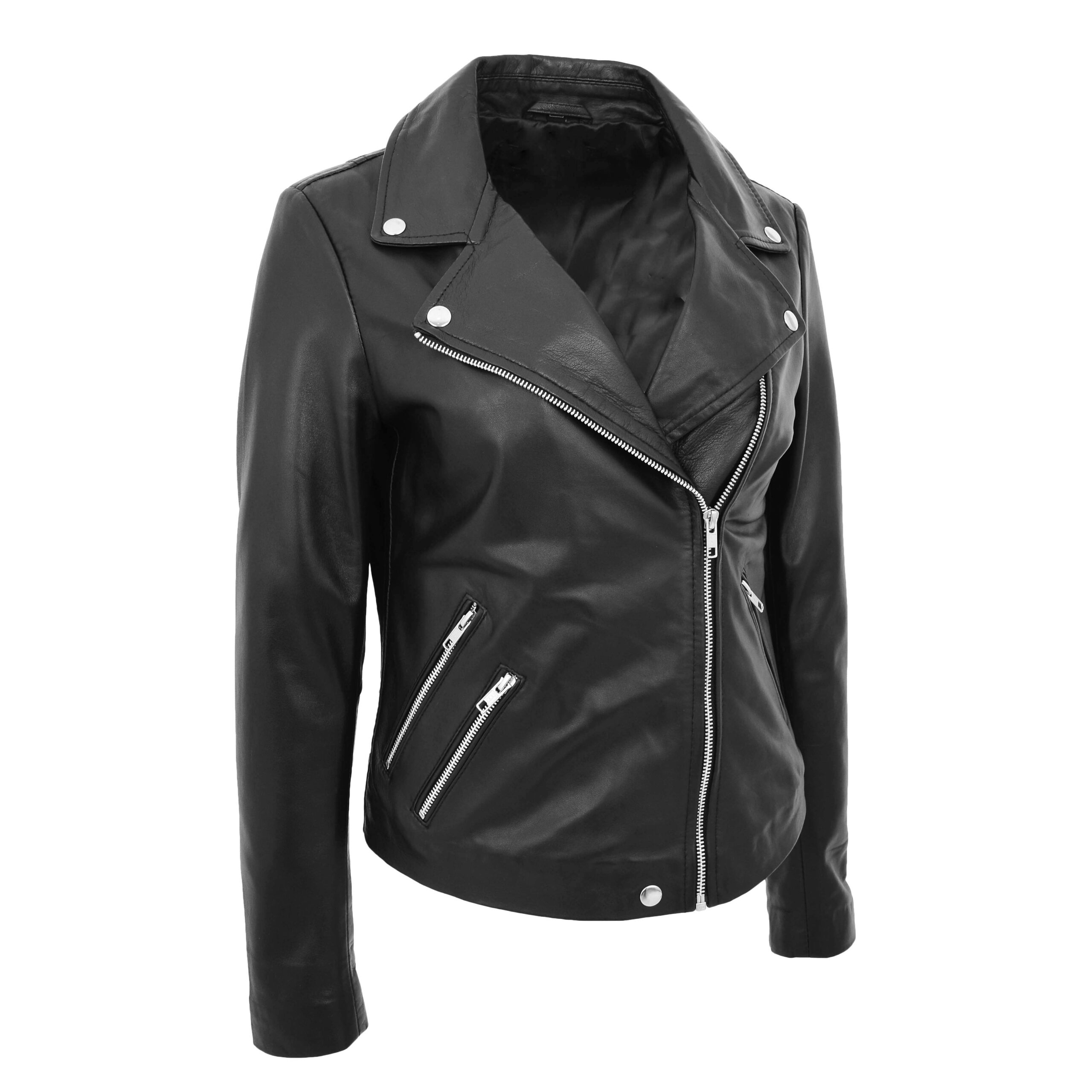 BUNERI Chaqueta Mujer Cuero Estilo Biker Cremallera Cruzada Negra - Imagen 4