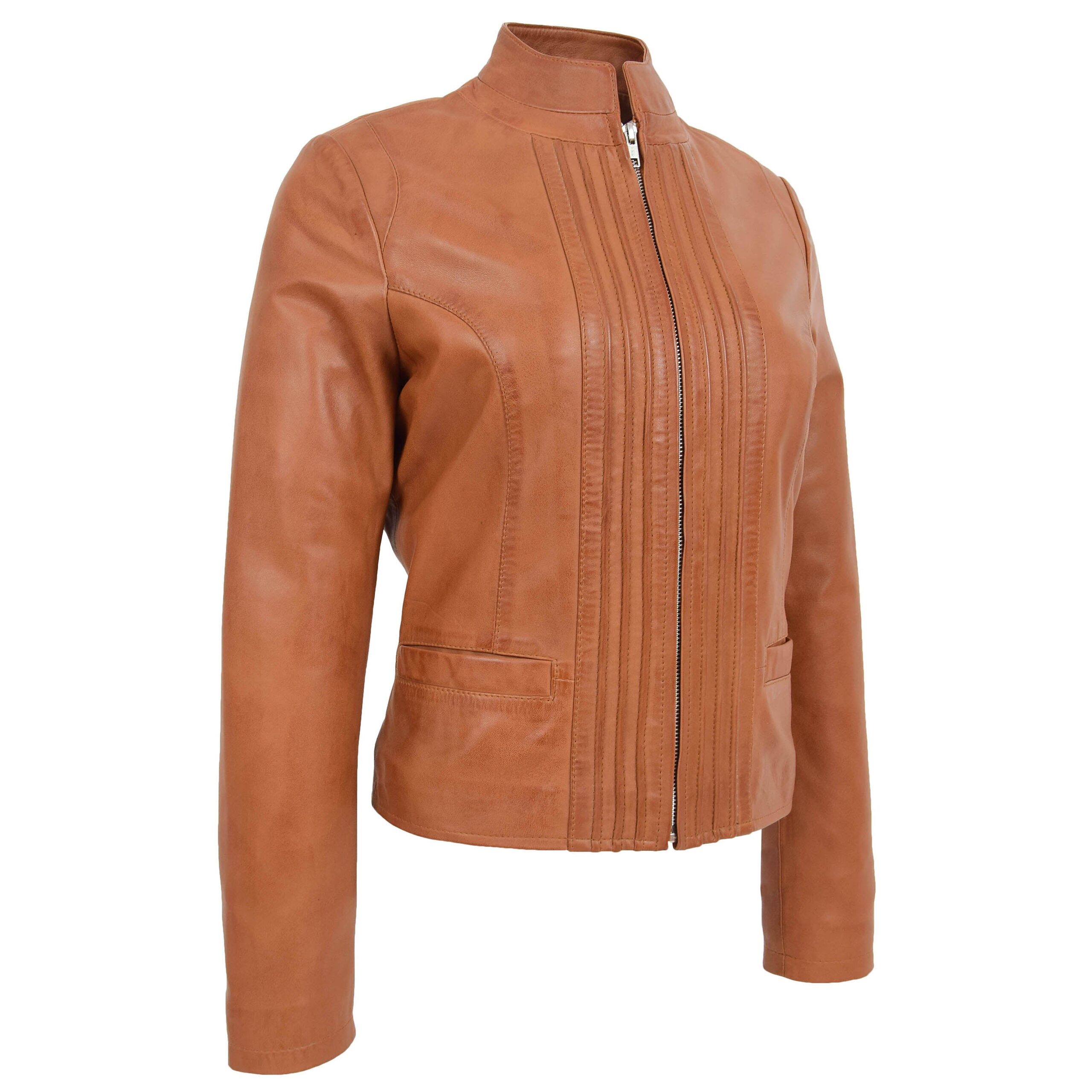 BUNERI Chaqueta de Cuero Casual con Cuello Alto para Mujer Tan - Imagen 4
