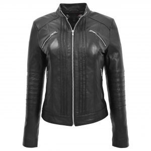 BUNERI Chaqueta Mujer Cuero Estilo Biker Clasico Negro