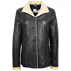 BUNERI Chaqueta Mujer Cuero Clasica Abotonada Box Negro Beige