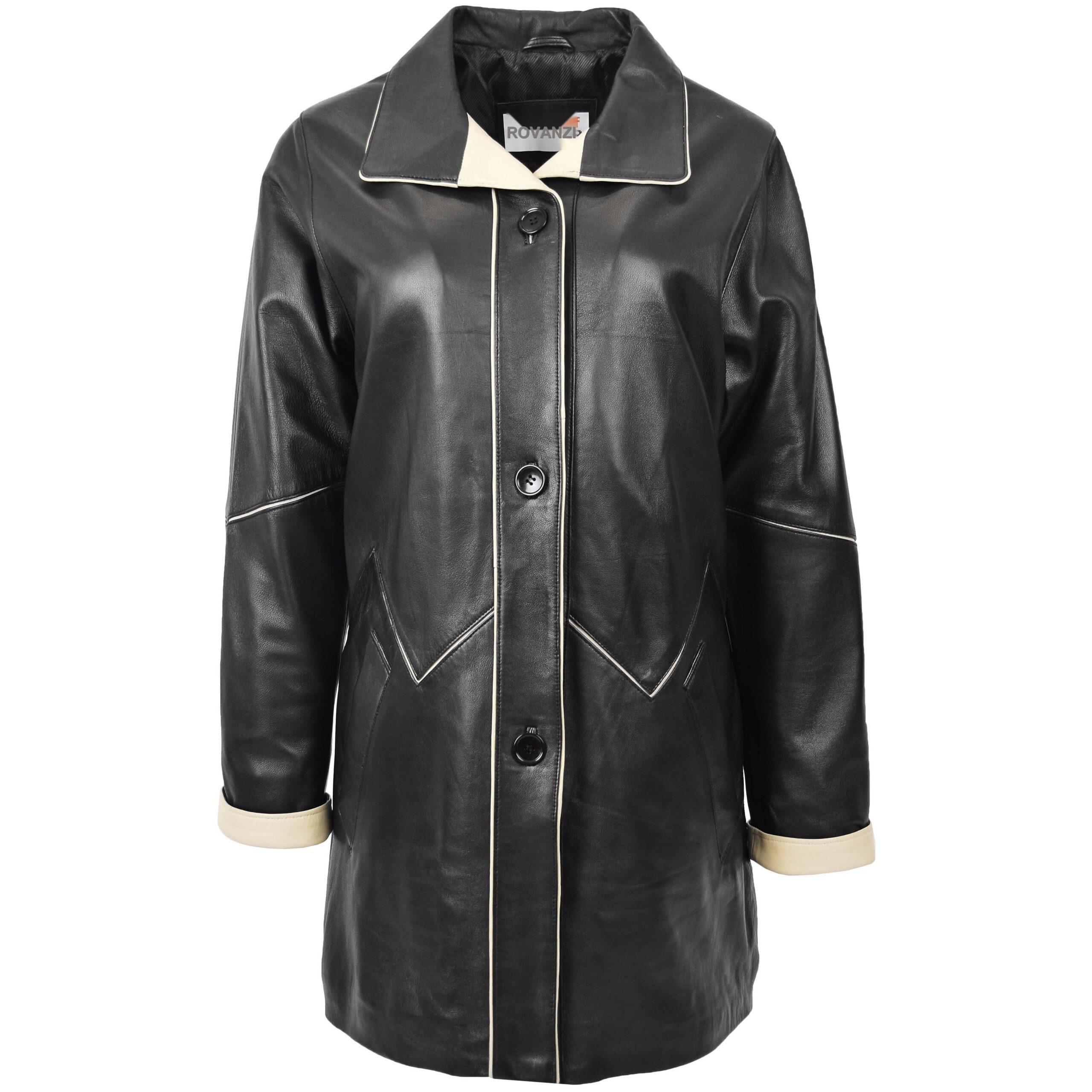 BUNERI Abrigo Mujer Cuero 3/4 Largo Estilo Clasico Negro Beige