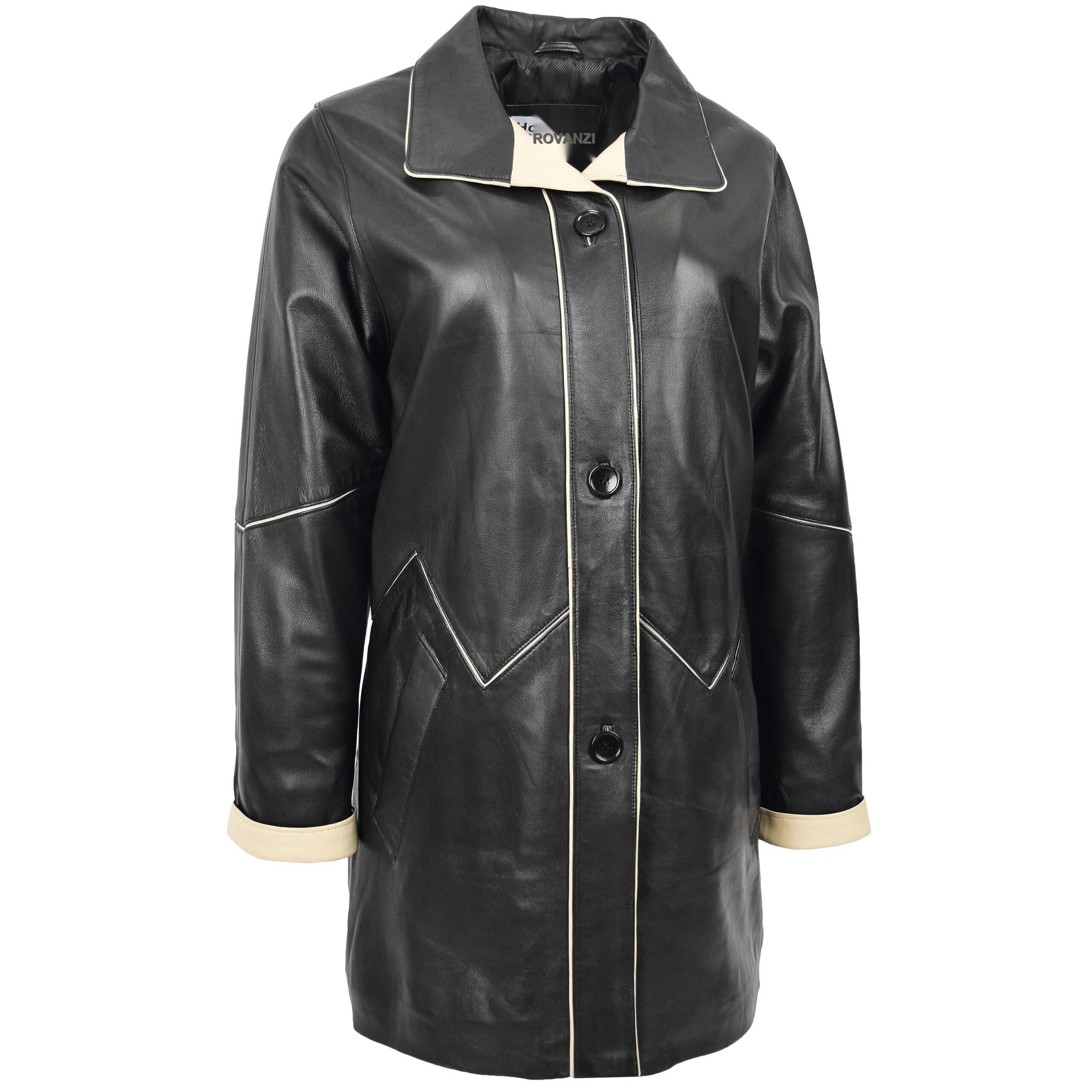 BUNERI Abrigo Mujer Cuero 3/4 Largo Estilo Clasico Negro Beige - Imagen 3