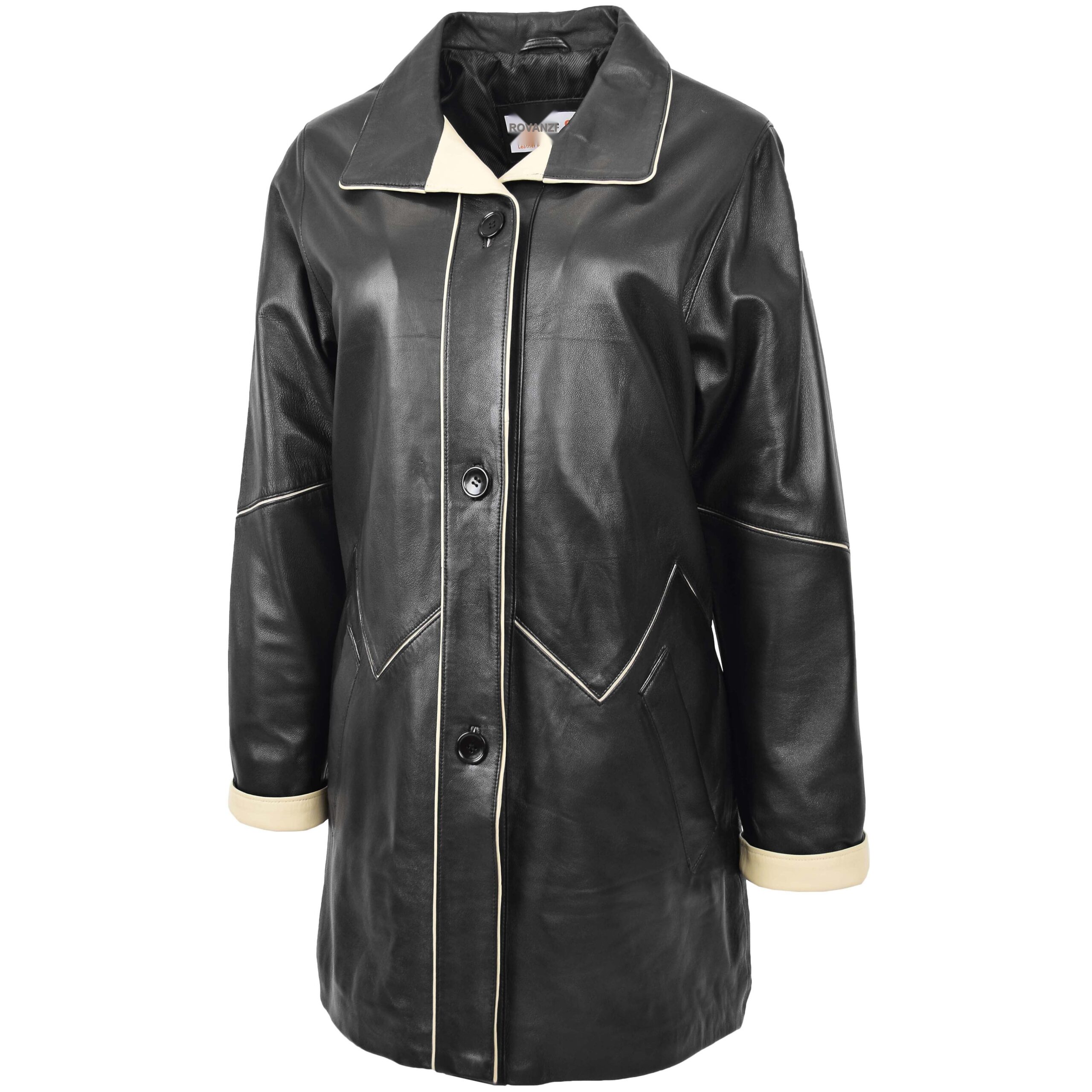 BUNERI Abrigo Mujer Cuero 3/4 Largo Estilo Clasico Negro Beige - Imagen 4
