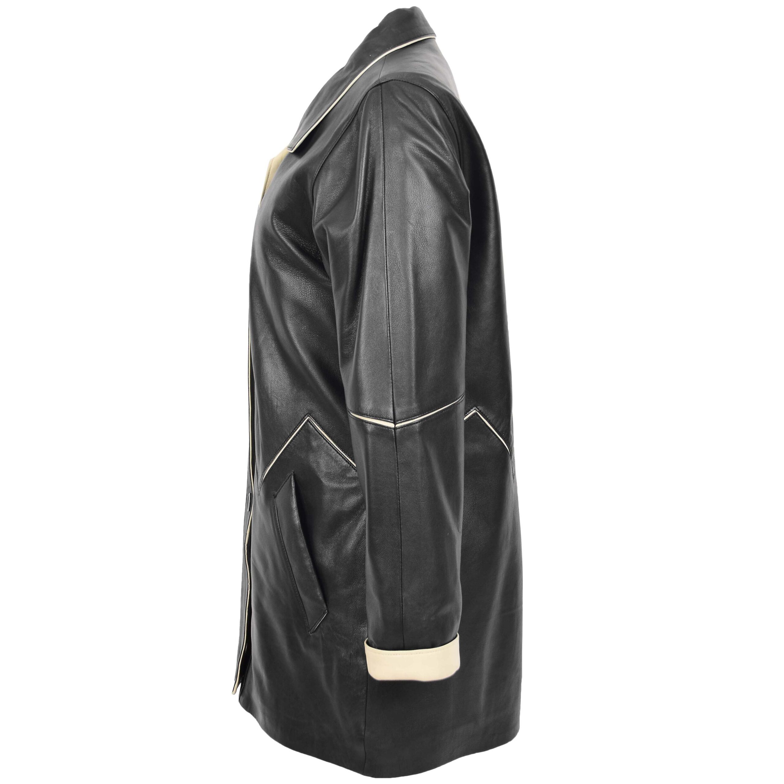 BUNERI Abrigo Mujer Cuero 3/4 Largo Estilo Clasico Negro Beige - Imagen 5