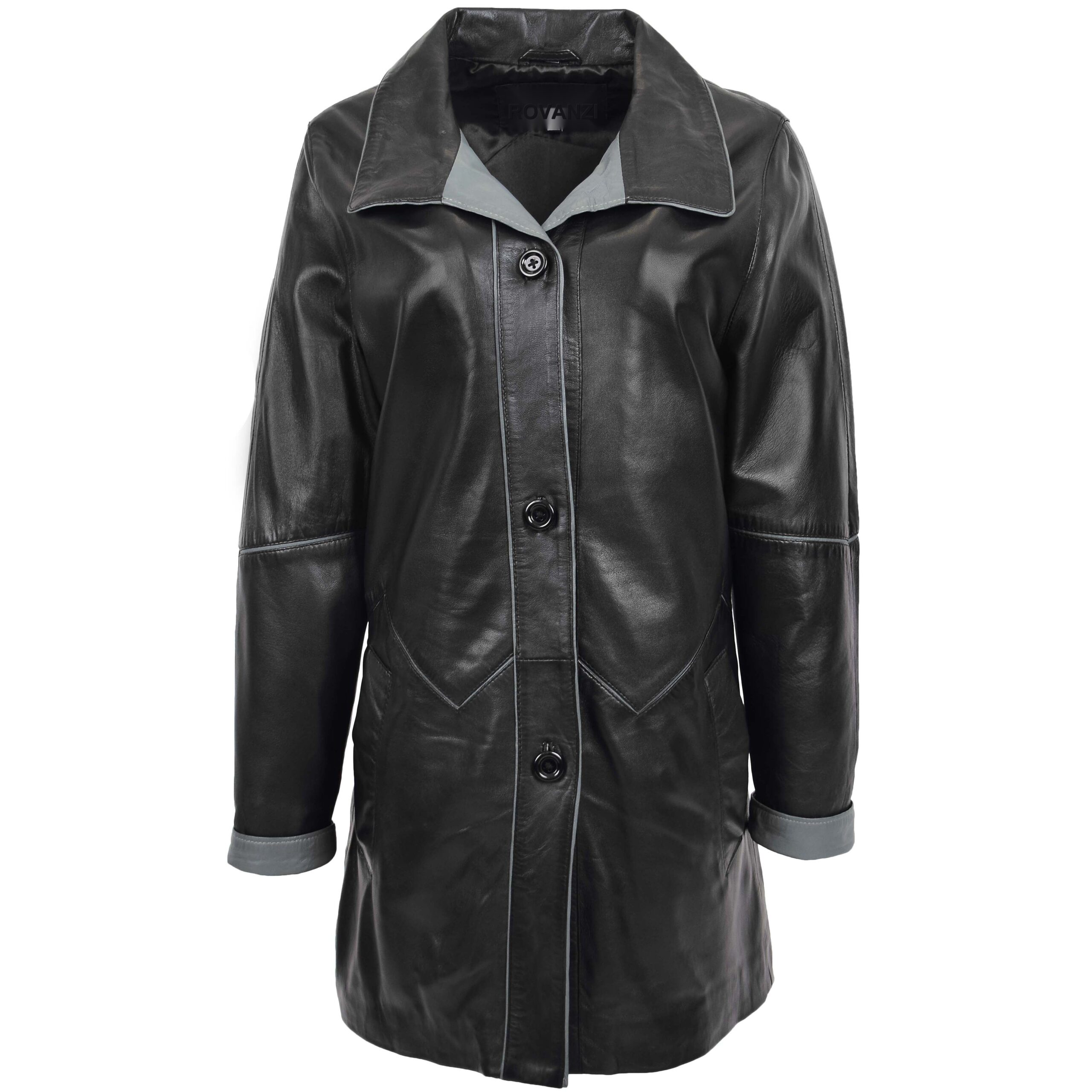 BUNERI Cuero Margaret Negro-Gris 3/4 Largo Estilo Clásico