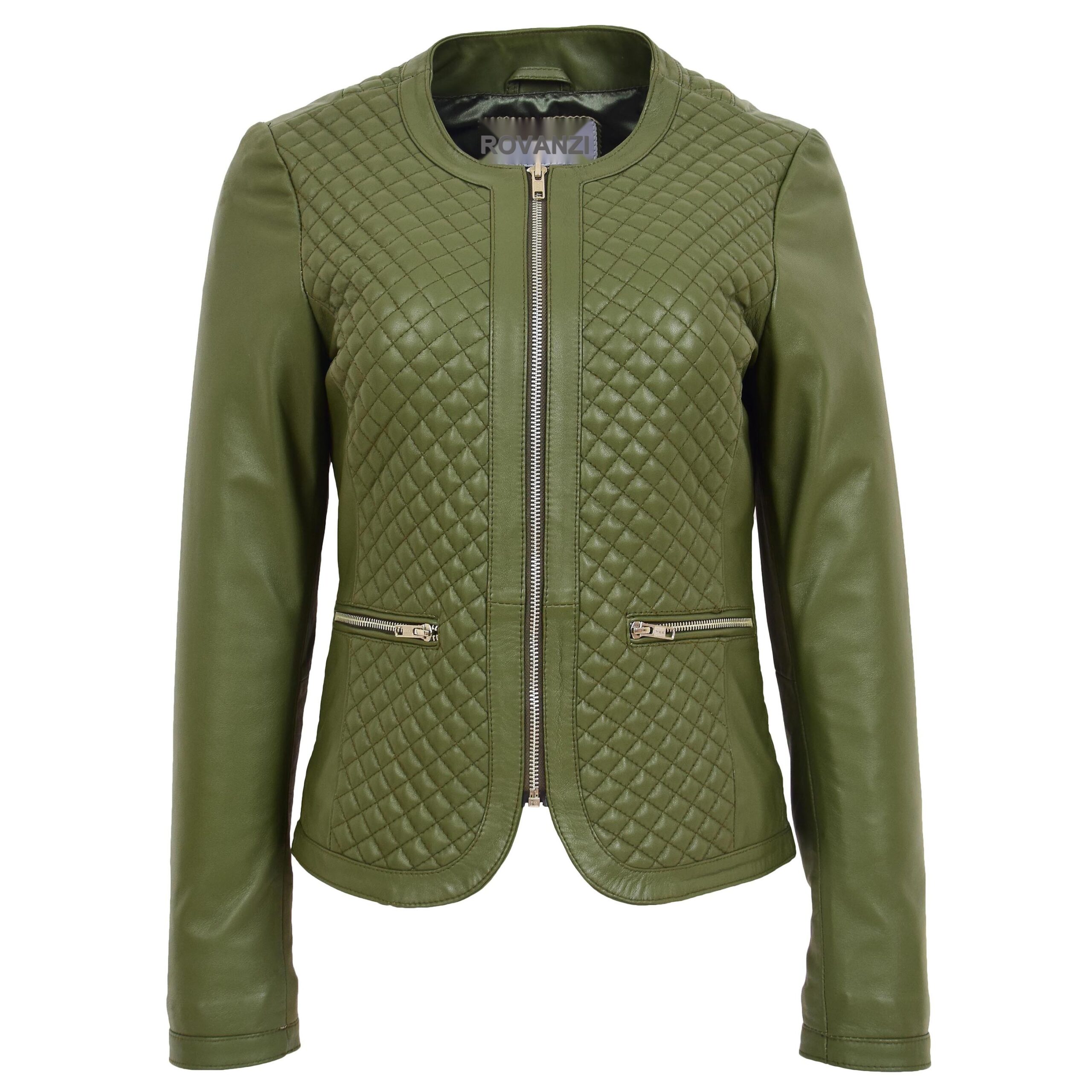 BUNERI Chaqueta de Cuero sin Cuello para Mujer Diseño Acolchado Verde Oliva