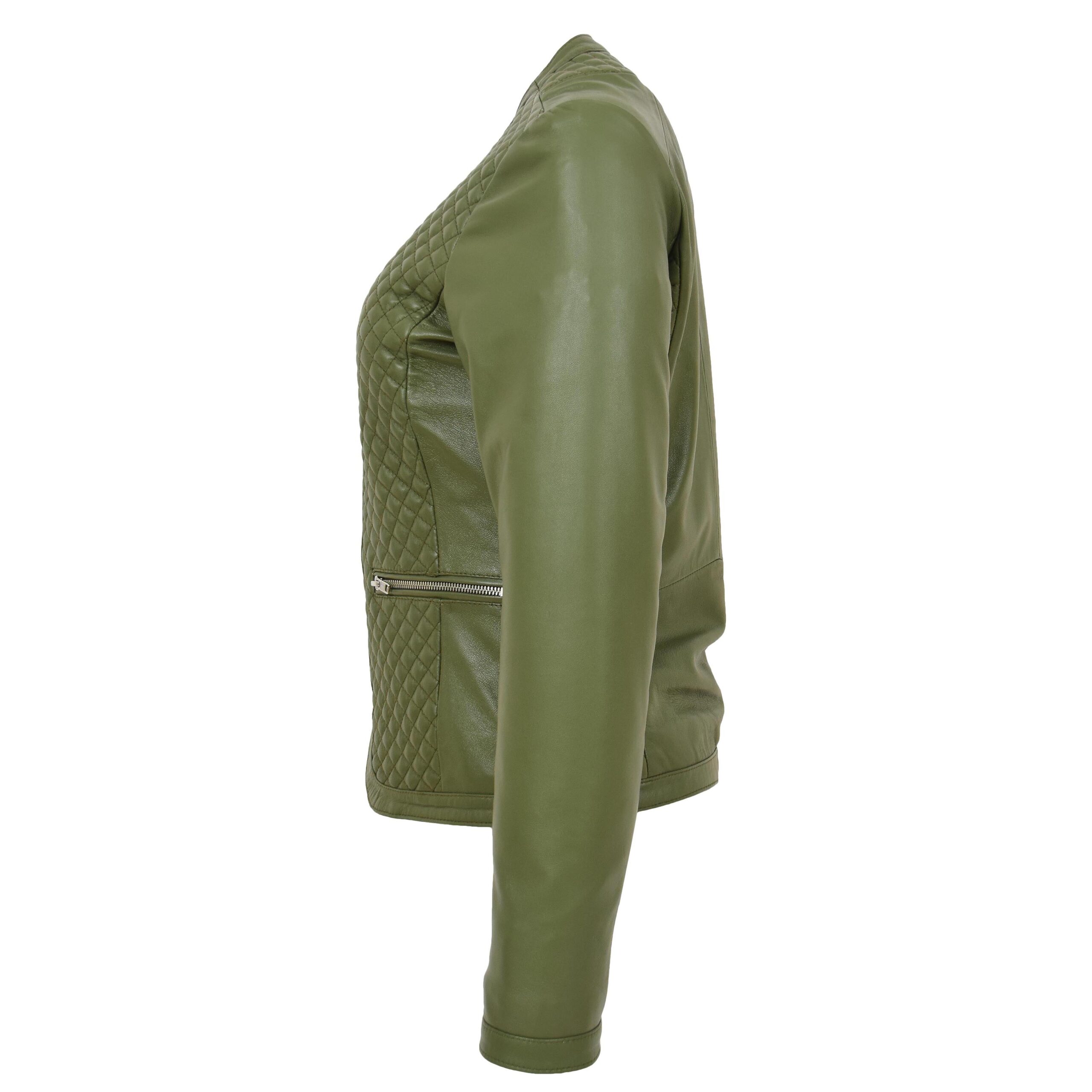 BUNERI Chaqueta de Cuero sin Cuello para Mujer Diseño Acolchado Verde Oliva - Imagen 5