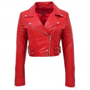 BUNERI Biker Cuero Demi Roja Corta Mujer
