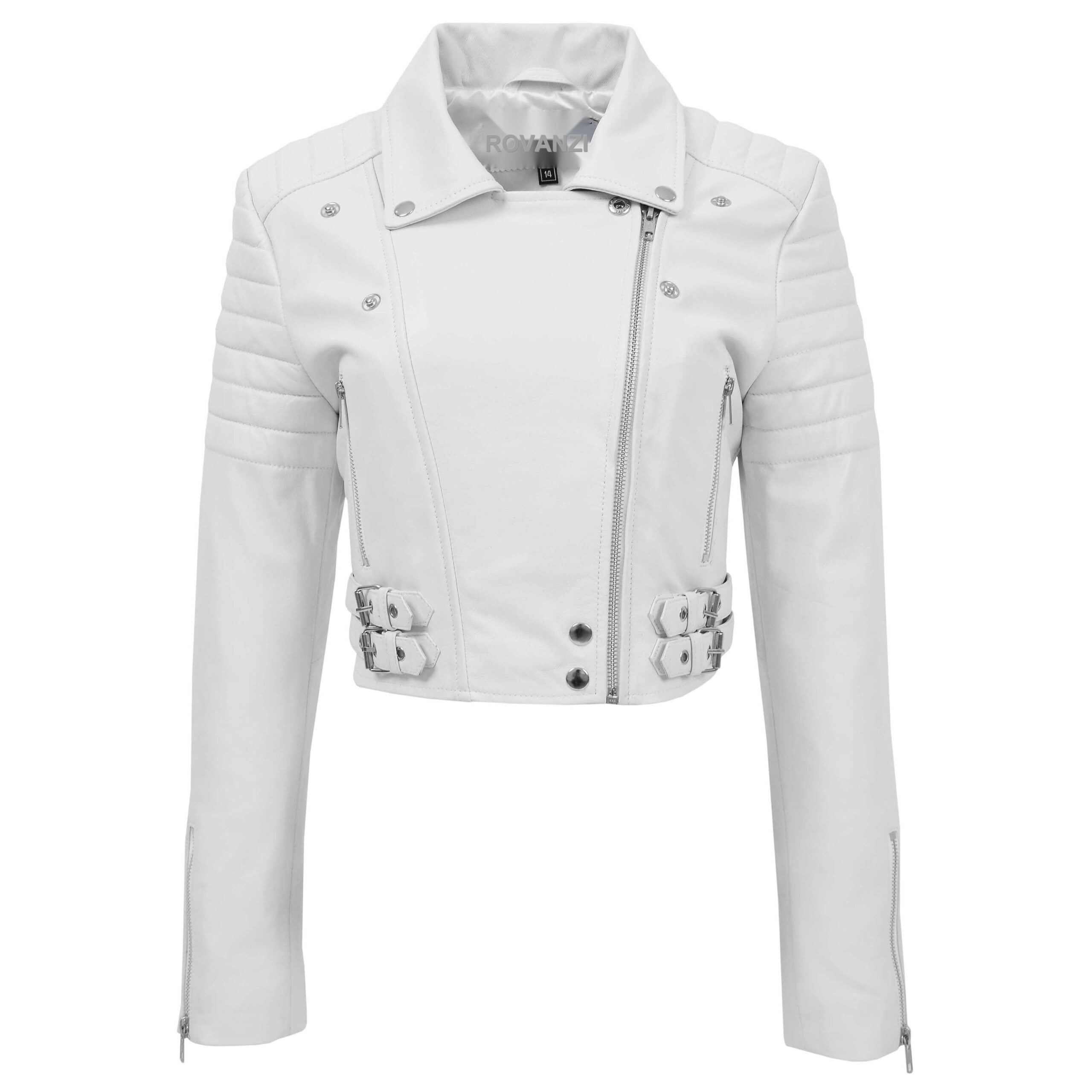 BUNERI Chaqueta de Cuero Blanco Corta Biker para Mujer - Imagen 3