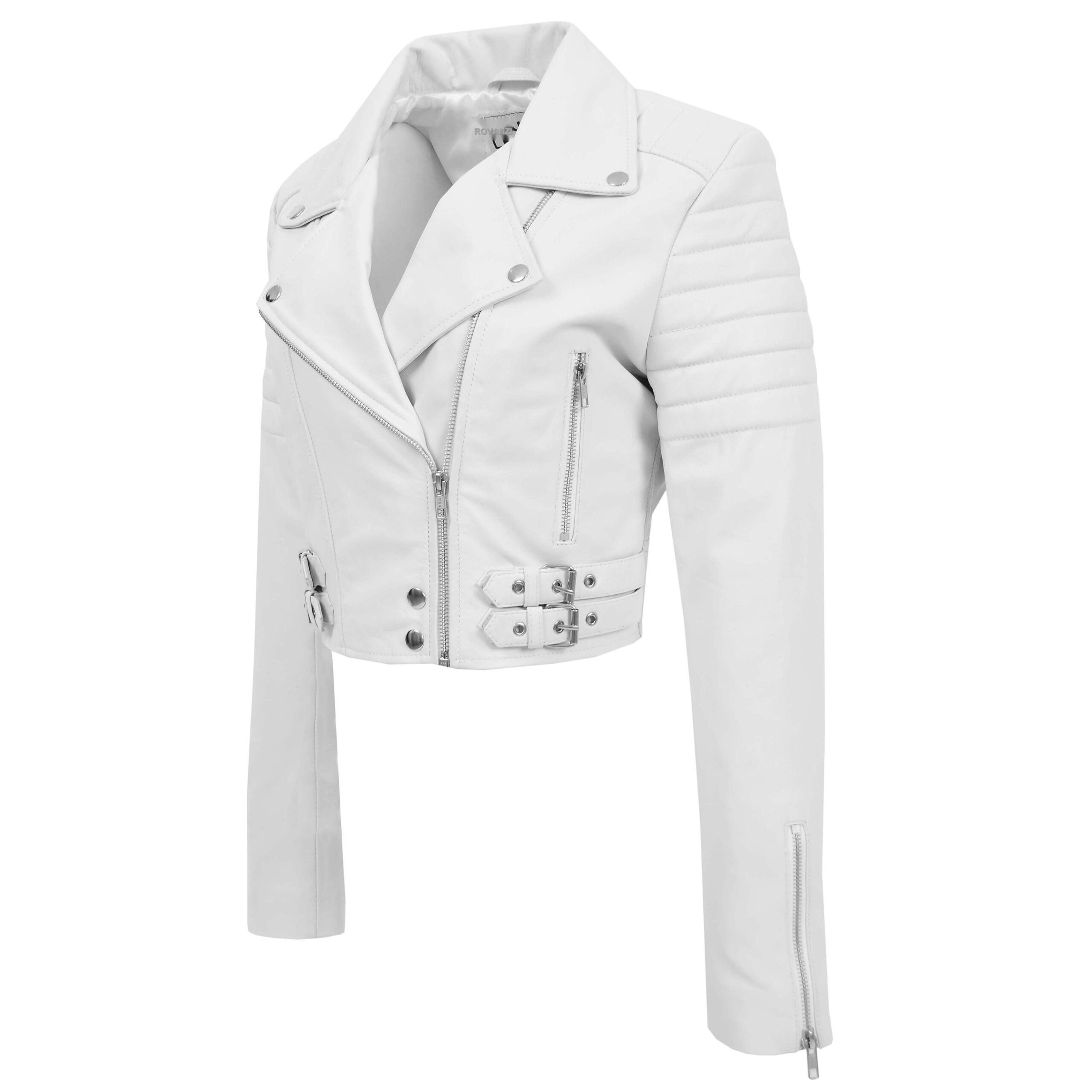BUNERI Chaqueta de Cuero Blanco Corta Biker para Mujer - Imagen 5