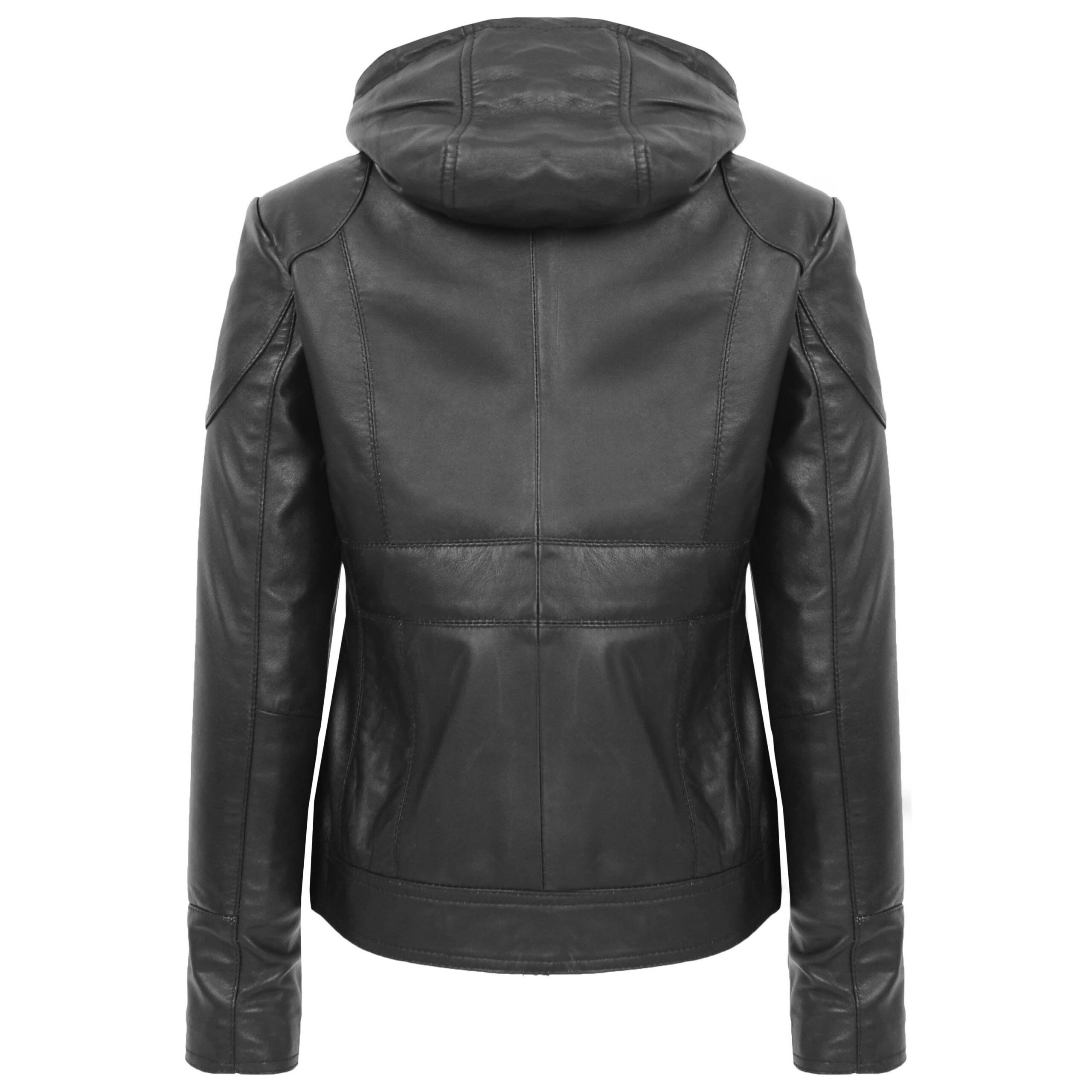 BUNERI Abrigo de Cuero Negro con Capucha Desmontable para Mujer - Imagen 2