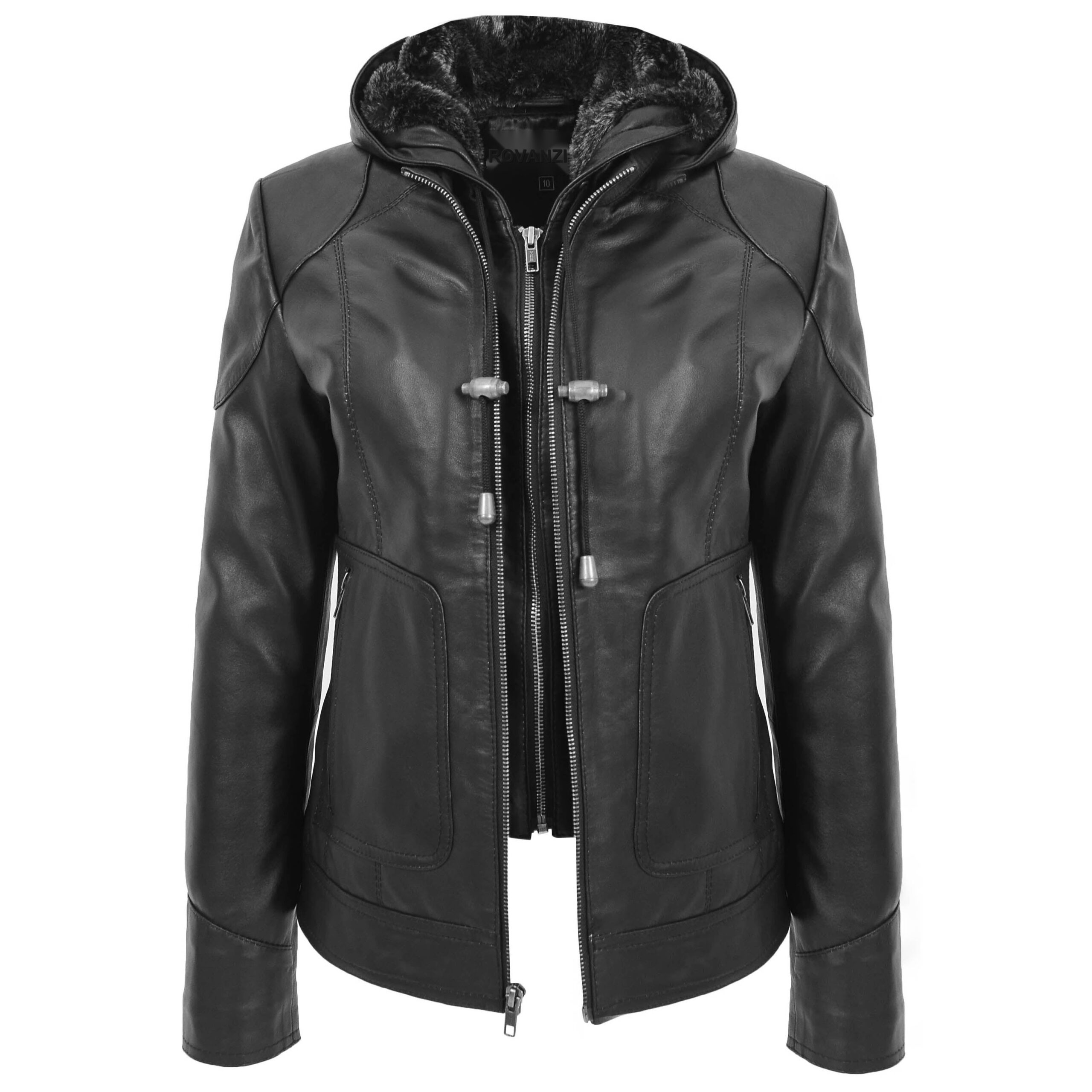 BUNERI Abrigo de Cuero Negro con Capucha Desmontable para Mujer - Imagen 3