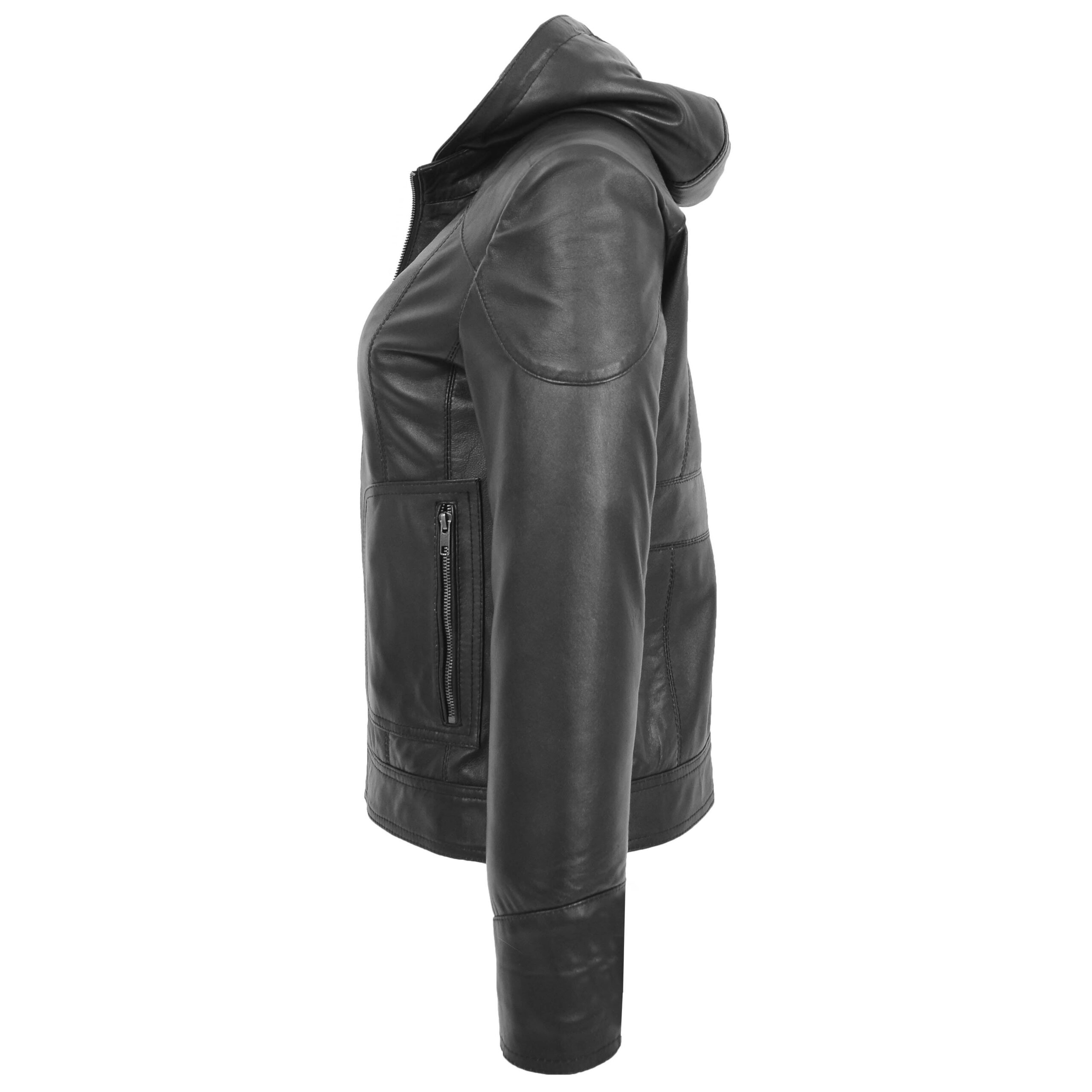 BUNERI Abrigo de Cuero Negro con Capucha Desmontable para Mujer - Imagen 6