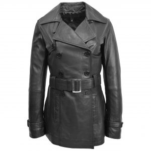 BUNERI Trench de Cuero Doble Botonadura para Mujer Negro