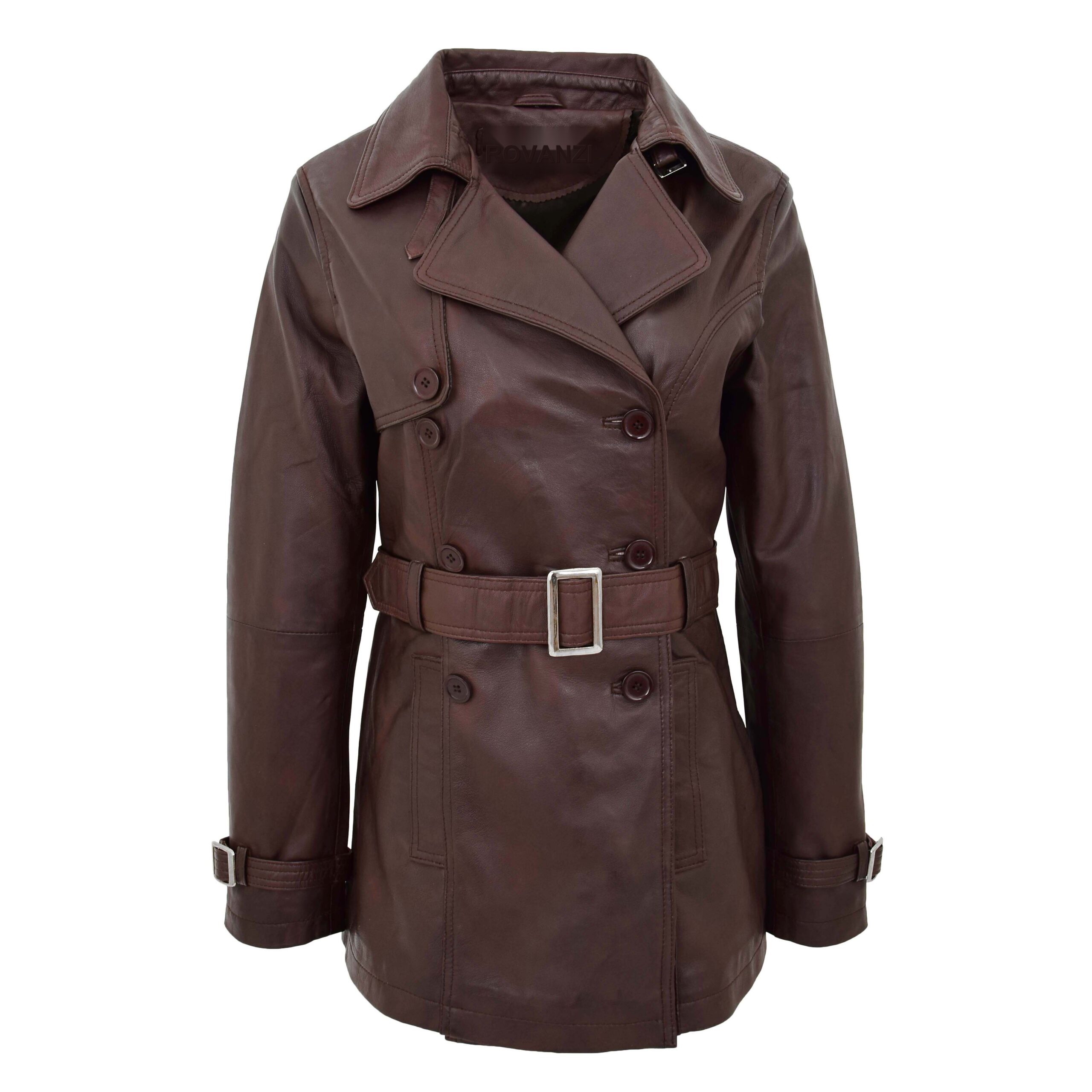 BUNERI Trench de Cuero Doble Botonadura para Mujer Marrón Sienna
