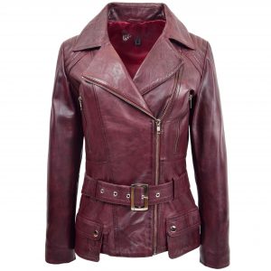 BUNERI Chaqueta Biker de Cuero Largo Cadera para Mujer Burdeos