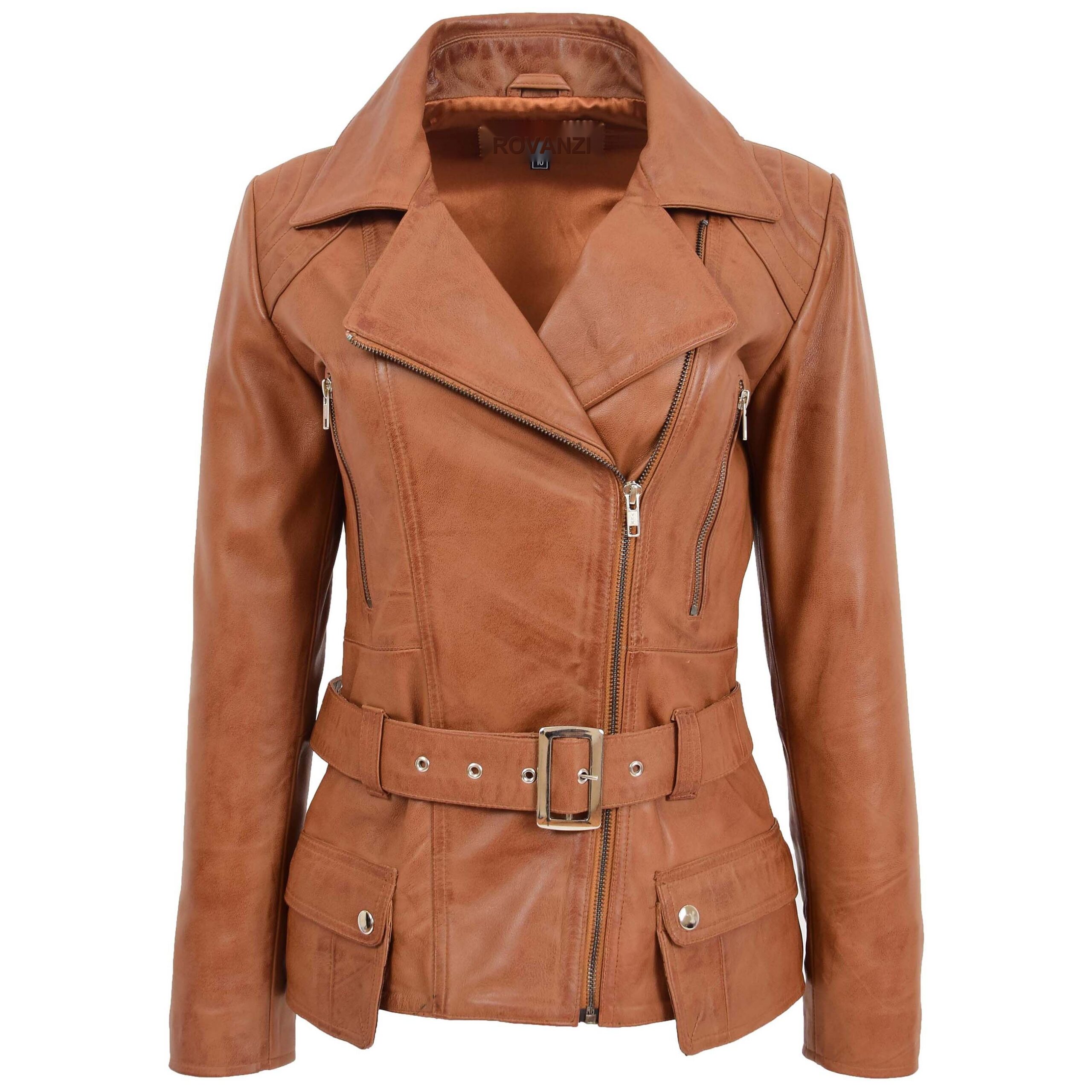 BUNERI Chaqueta Mujer Cuero Biker Largo Cadera Tan