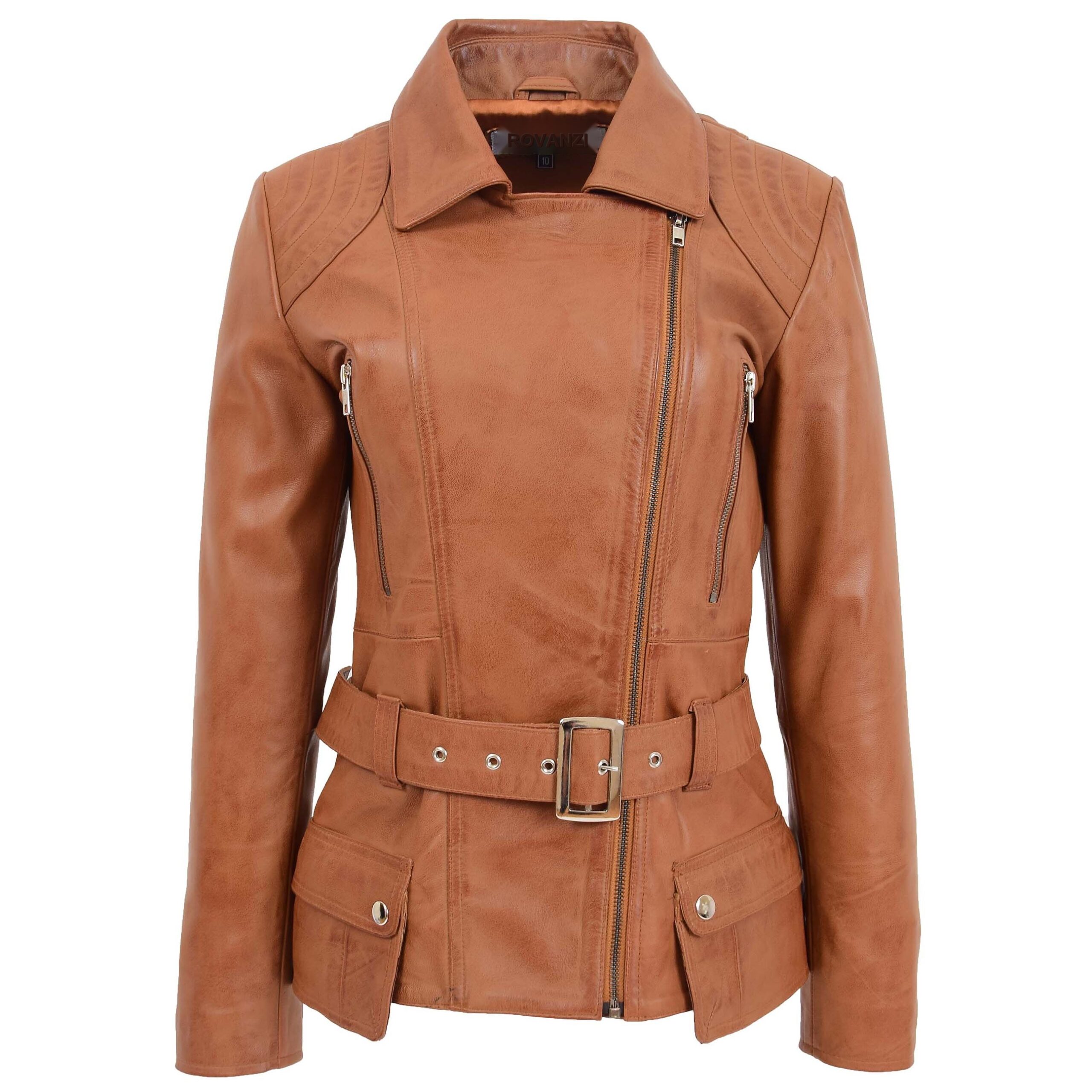BUNERI Chaqueta Mujer Cuero Biker Largo Cadera Tan - Imagen 3