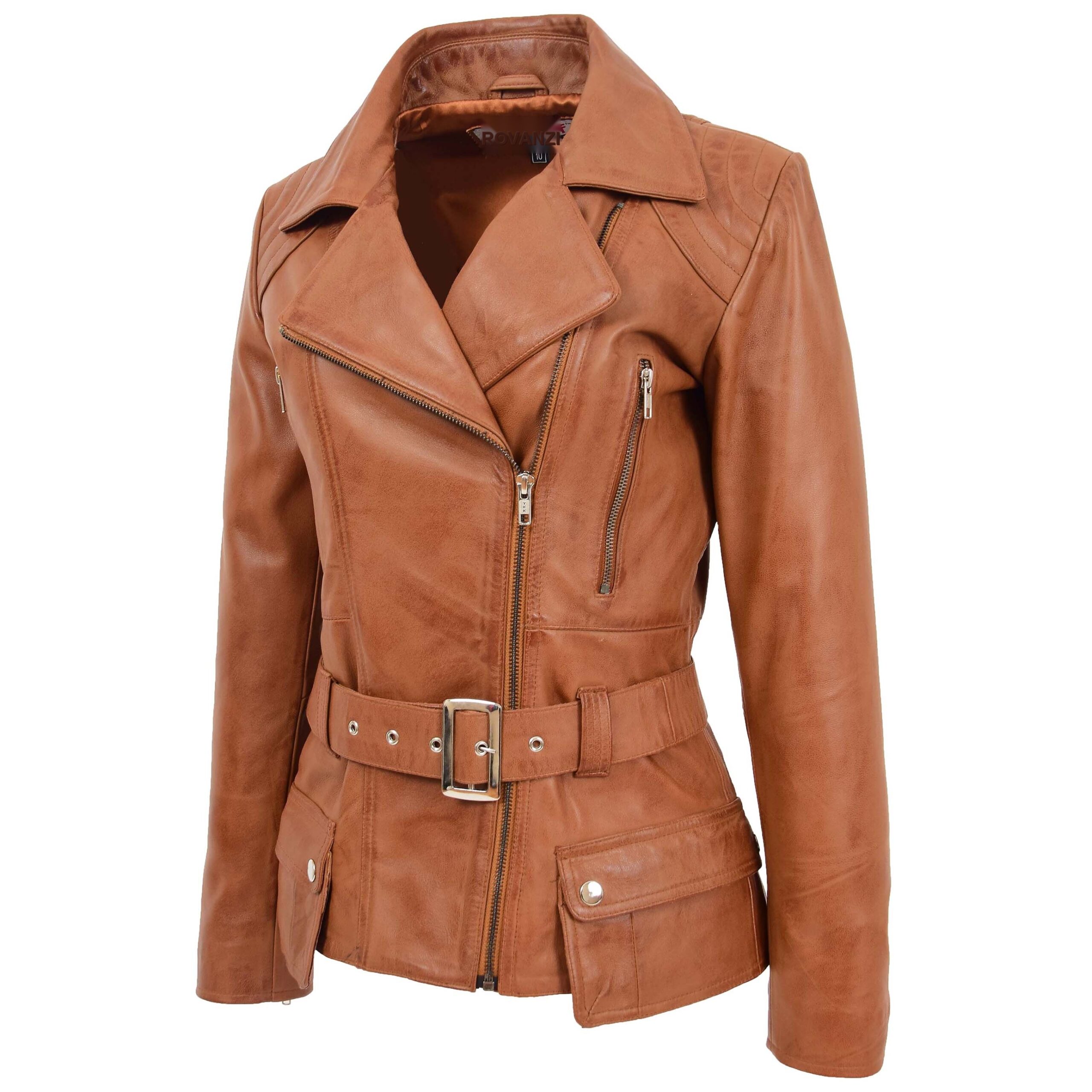BUNERI Chaqueta Mujer Cuero Biker Largo Cadera Tan - Imagen 4