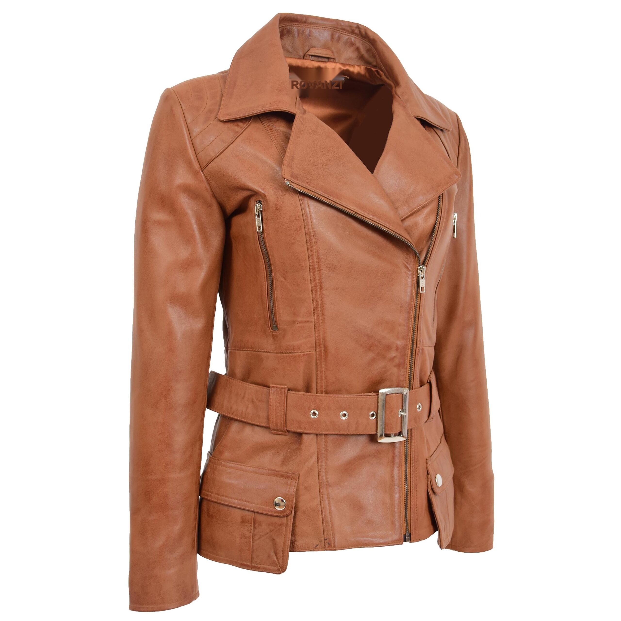 BUNERI Chaqueta Mujer Cuero Biker Largo Cadera Tan - Imagen 5