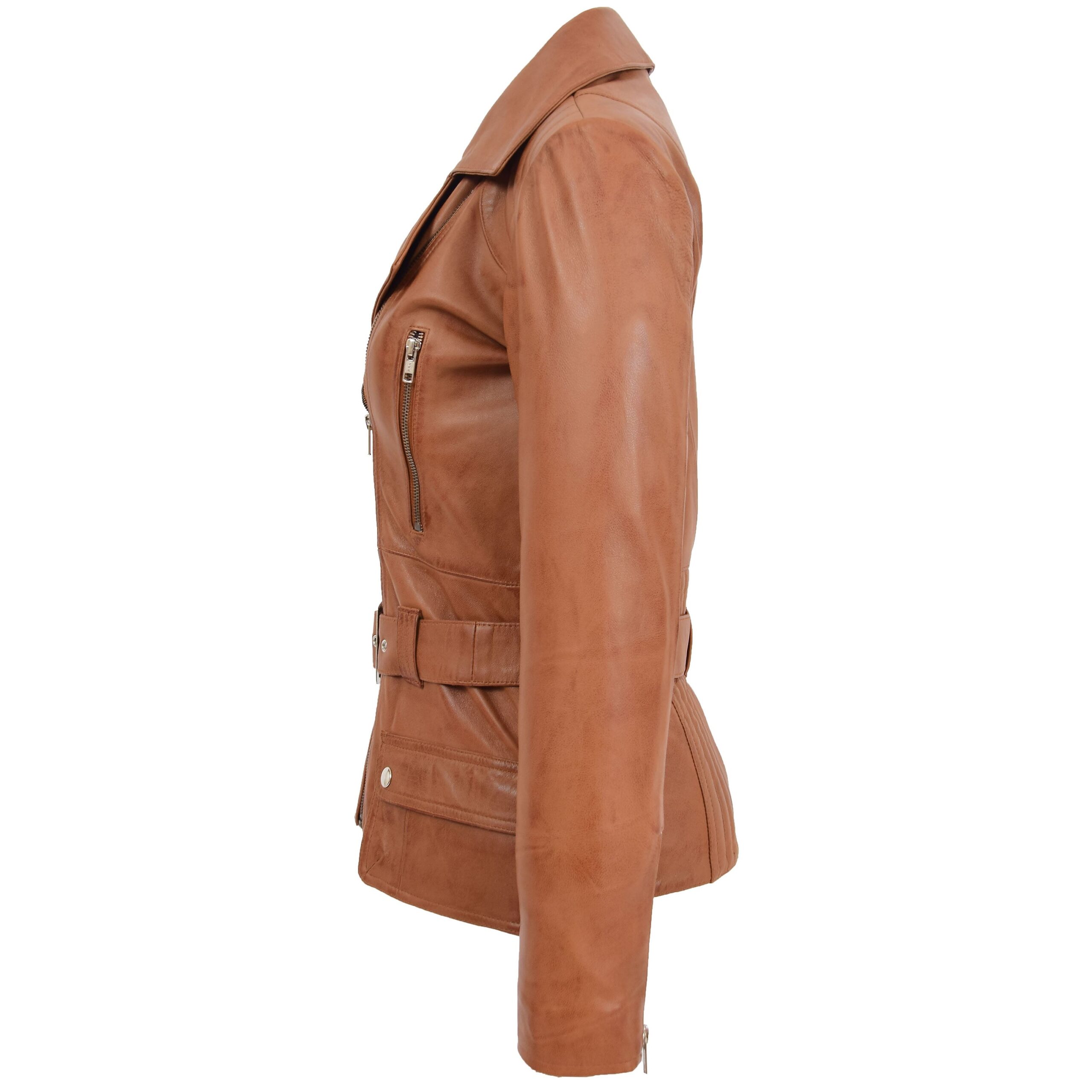 BUNERI Chaqueta Mujer Cuero Biker Largo Cadera Tan - Imagen 6