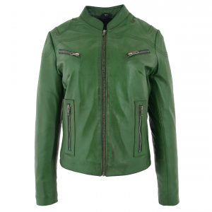 BUNERI Chaqueta Biker de Cuero Verde para Mujer Cuello Alto