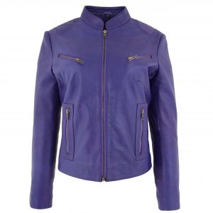 BUNERI Chaqueta de Cuero Morada para Mujer con Cuello Alto