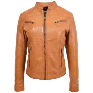 BUNERI Chaqueta de Cuero Cuello Alto para Mujer Tostado