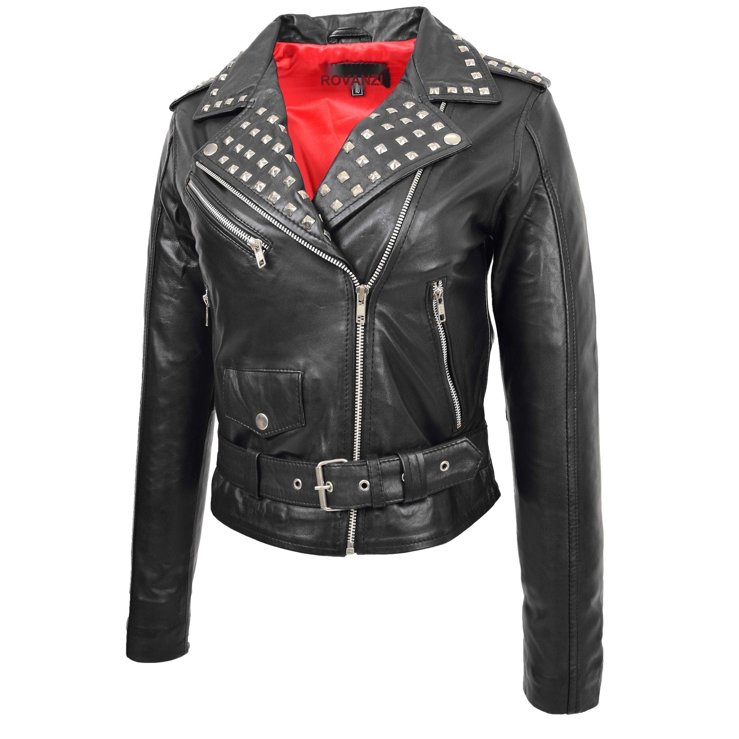 BUNERI Chaqueta Mujer Cuero Tachonada Estilo Brando Negra - Imagen 4